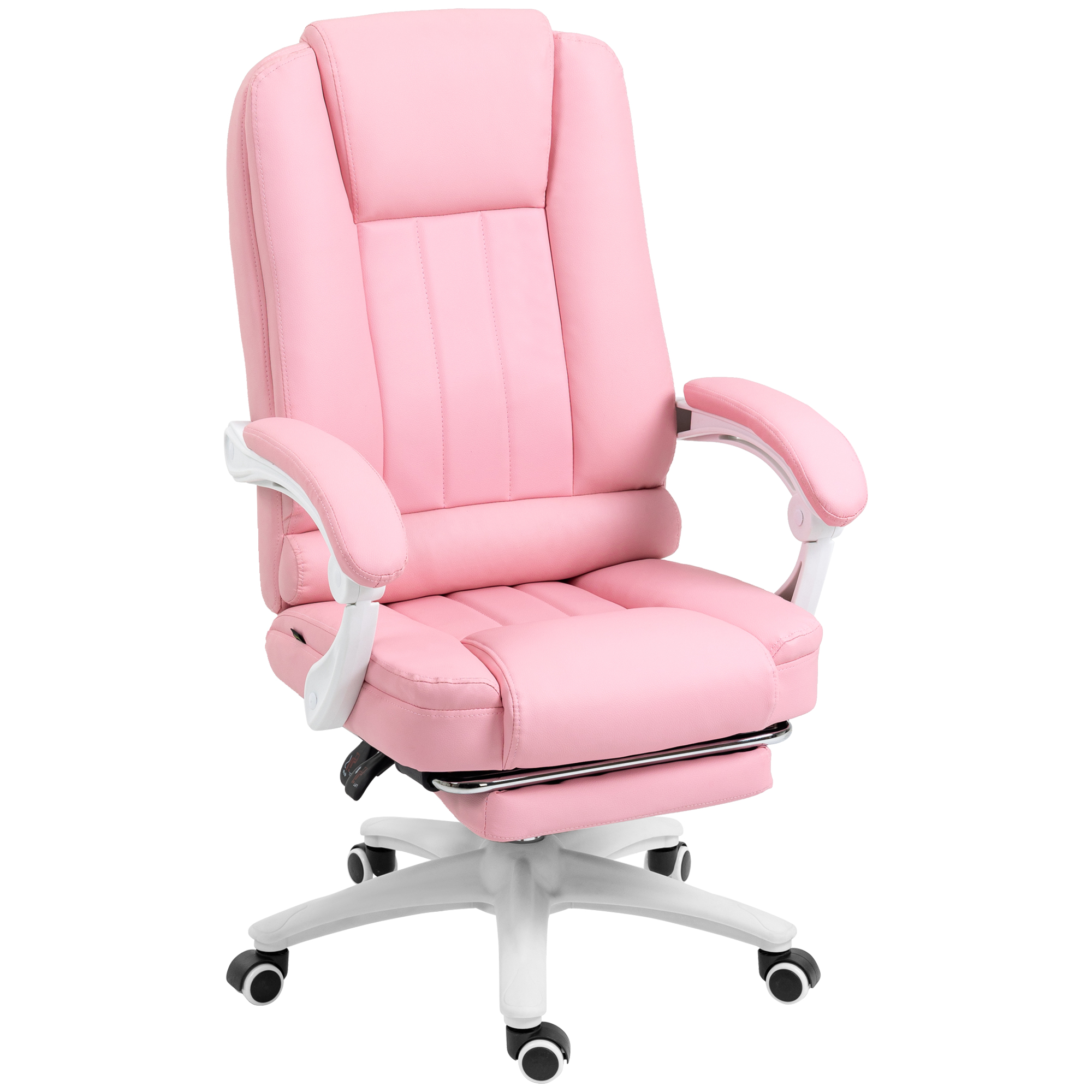 Bürostuhl mit Fußstütze, verstellbare Rückenlehne, höhenverstellbar, 5 Rollen, Rosa + Weiß