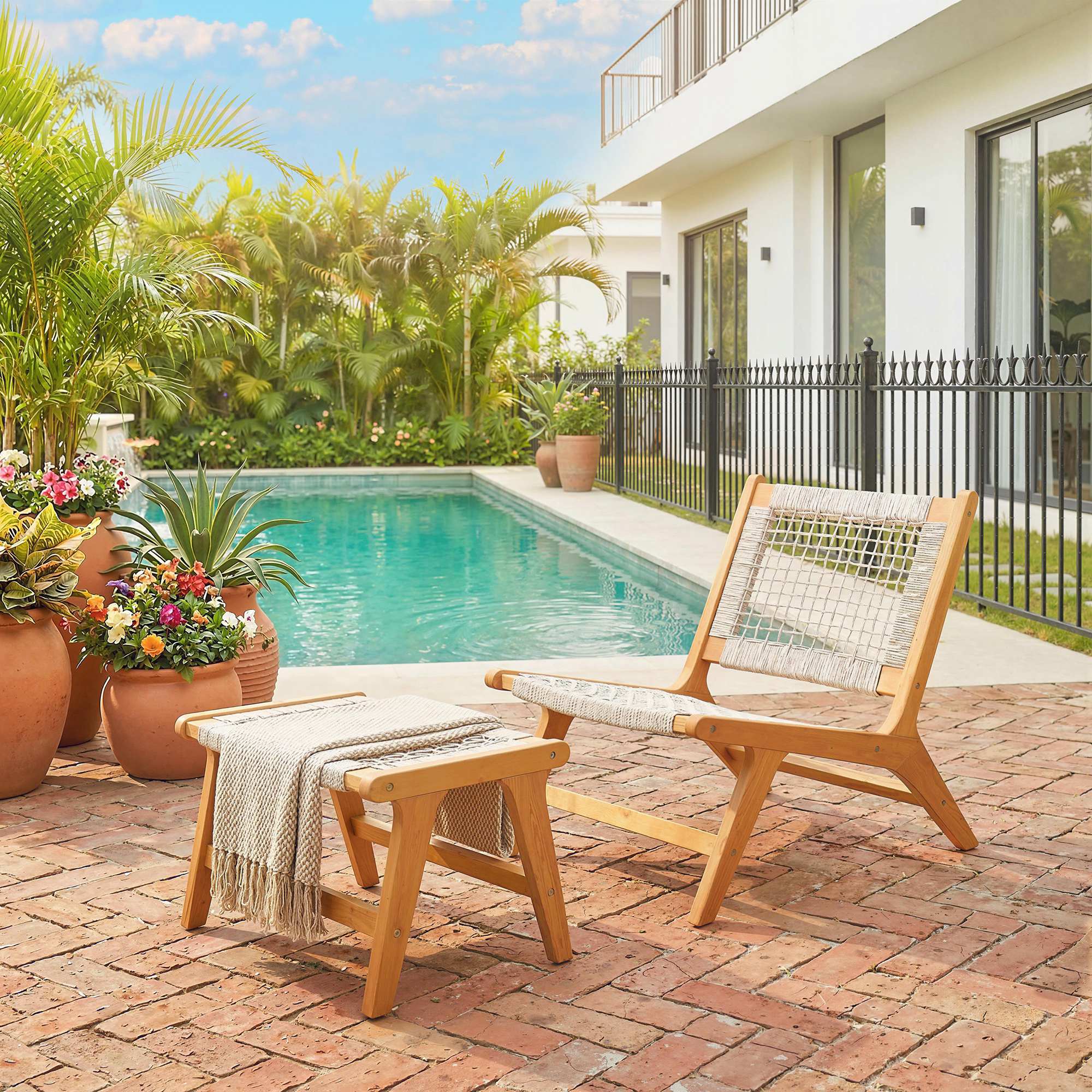 Gartensessel mit Hocker 2-teilig Akazienholz Outdoor Loungesessel mit Rattan-Sitz Boho-Stil verstellbare Füße