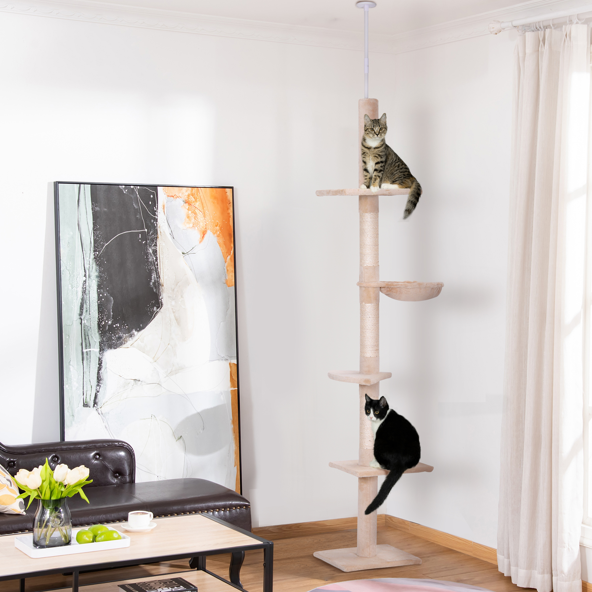 Kratzbaum Deckenhoch höhenverstellbar, stabiler Katzenbaum mit Sisalsäulen, Katzen Kletterbaum, Beige, 40 x 34 x 230-260 cm