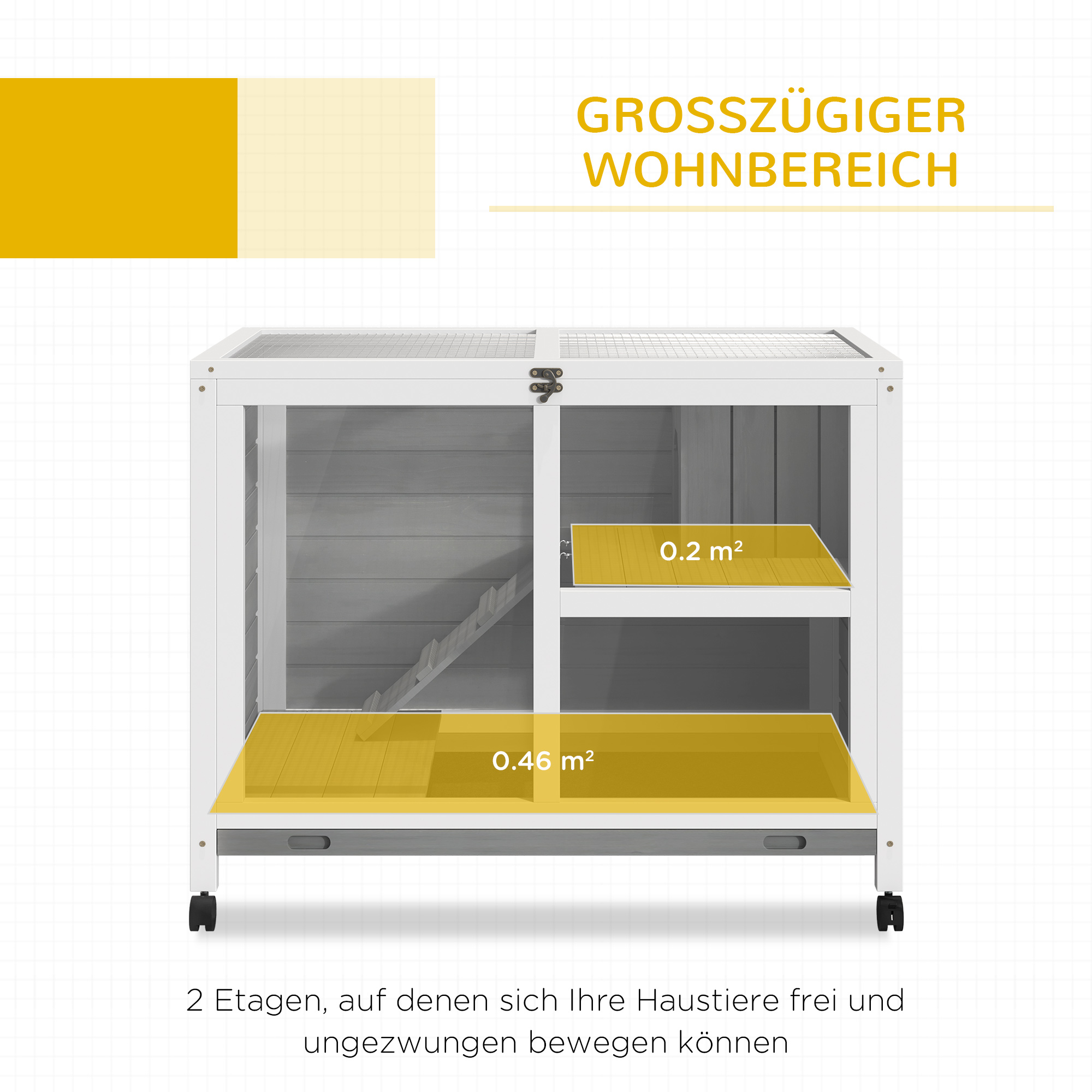 Kleintierstall mit 2 Ebenen 4 Rollen versiegeltes Tannenholz Grau