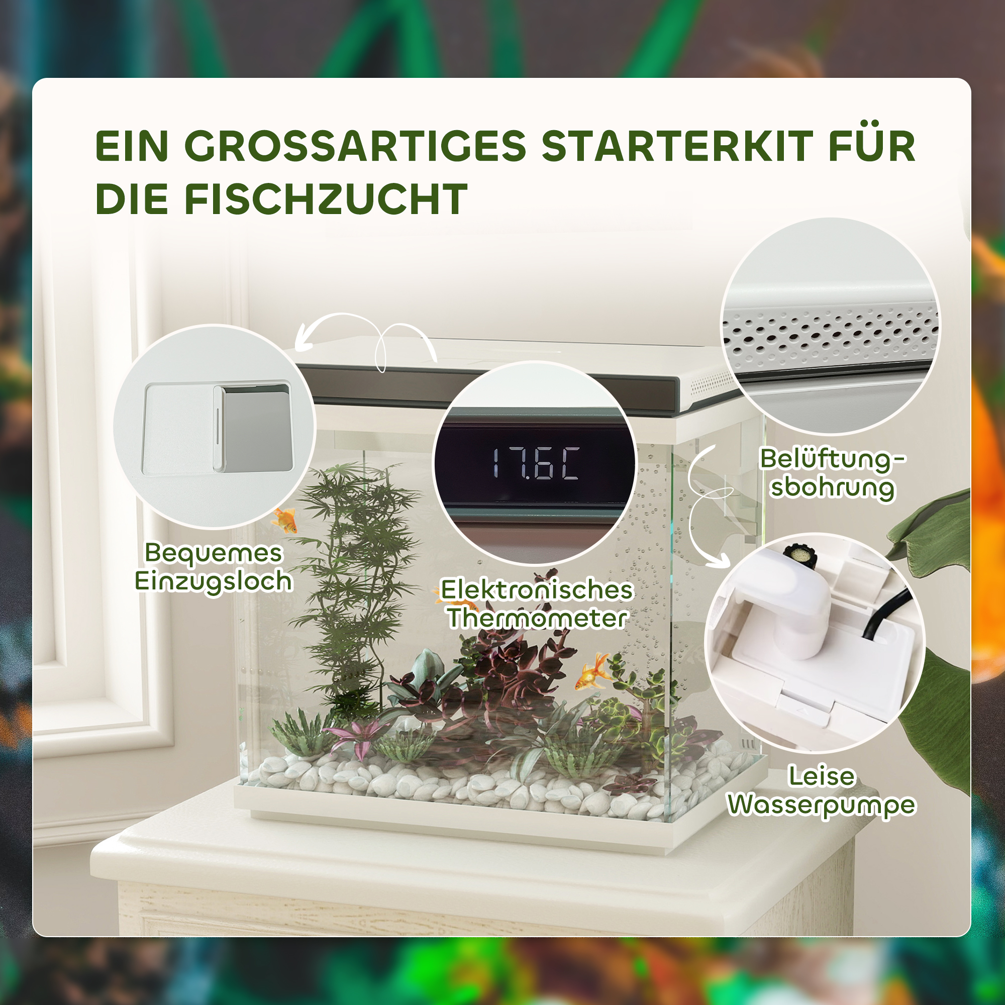 26 Liter Aquarium mit Filter, LED-Beleuchtung, Wasserpumpe, für verschiedene Fischarten, ca. 38 x 26 x 38 cm