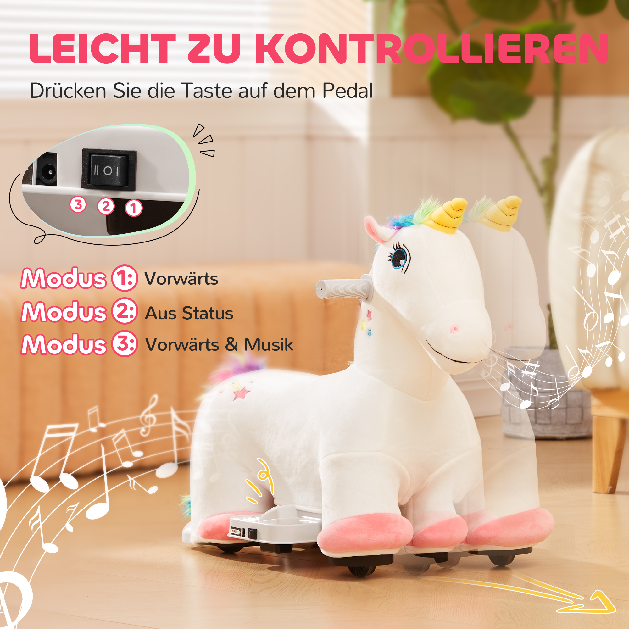 6V Elektrisches Reiteinhorn für Kinder, Batteriebetrieb, Mit Musikfunktion und Vorwärtsbewegung, 18-36 Monate, Weiß