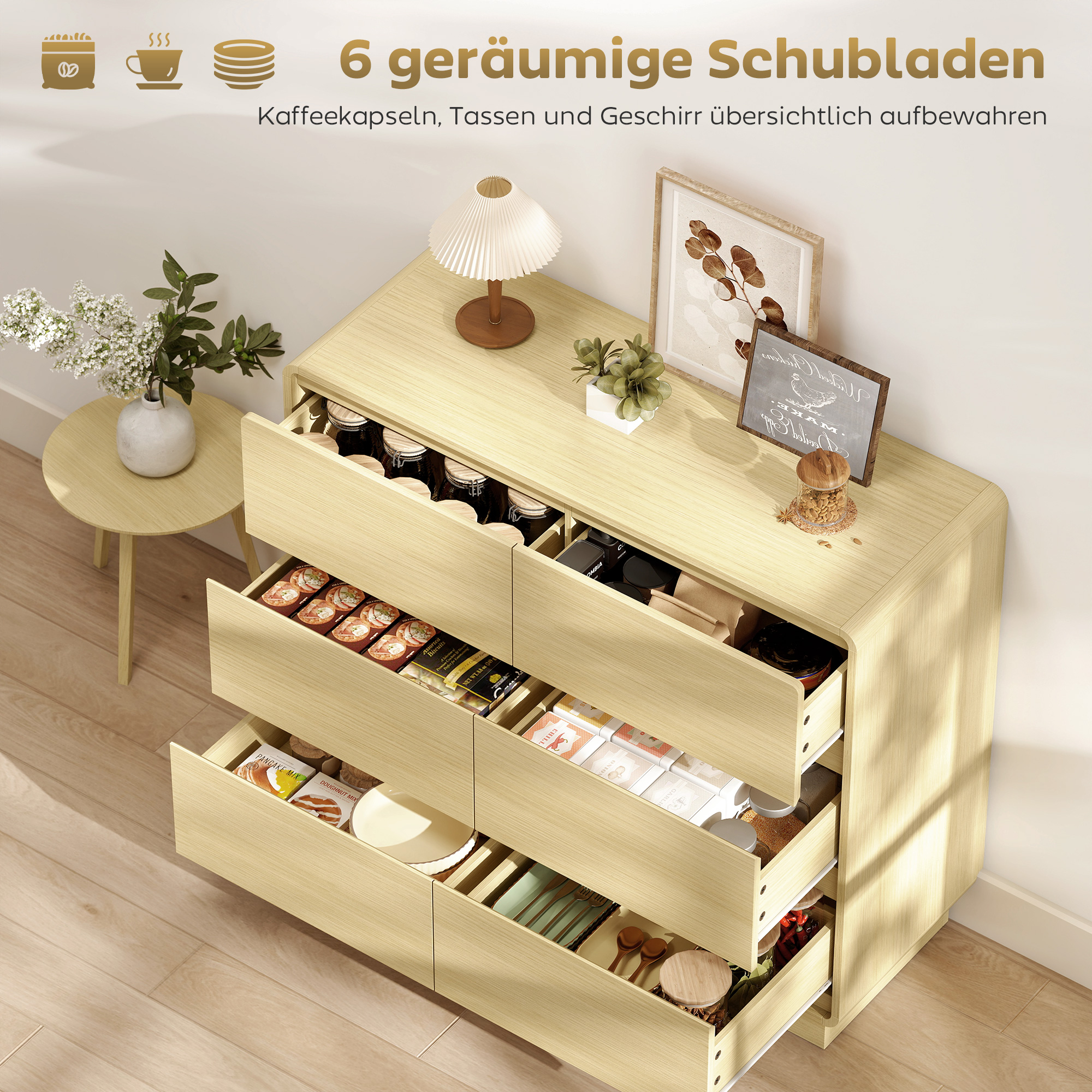 100 cm Sideboard, Buffetschrank mit 6 Schubladen, Kommode für Küche, Wohnzimmer, Esszimmer, Naturholz