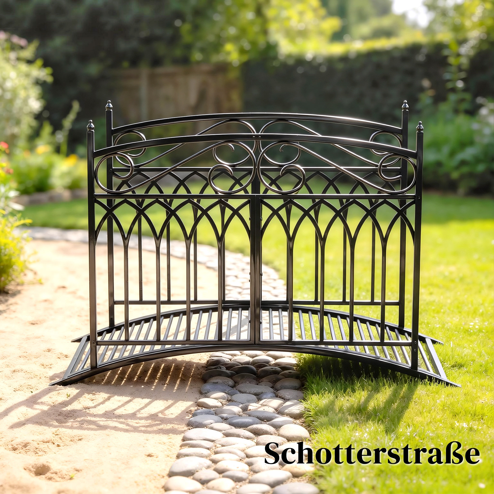 Gartenbrücke aus Metall 135,5 cm Teichbrücke mit Sicherheitsgeländern Antik-Optik Rostbeständig einfache Montage