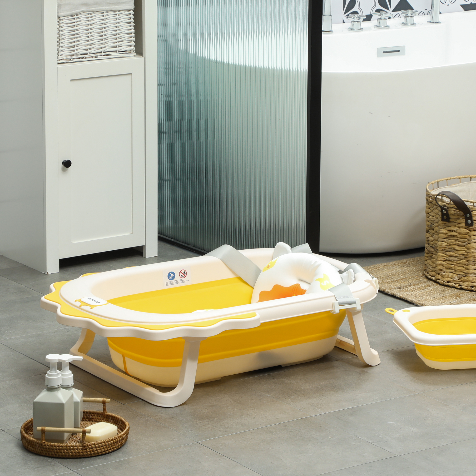 Babybadewanne mit Waschbecken, faltbar, rutschfester Boden, komfortables Badekissen, Gelb