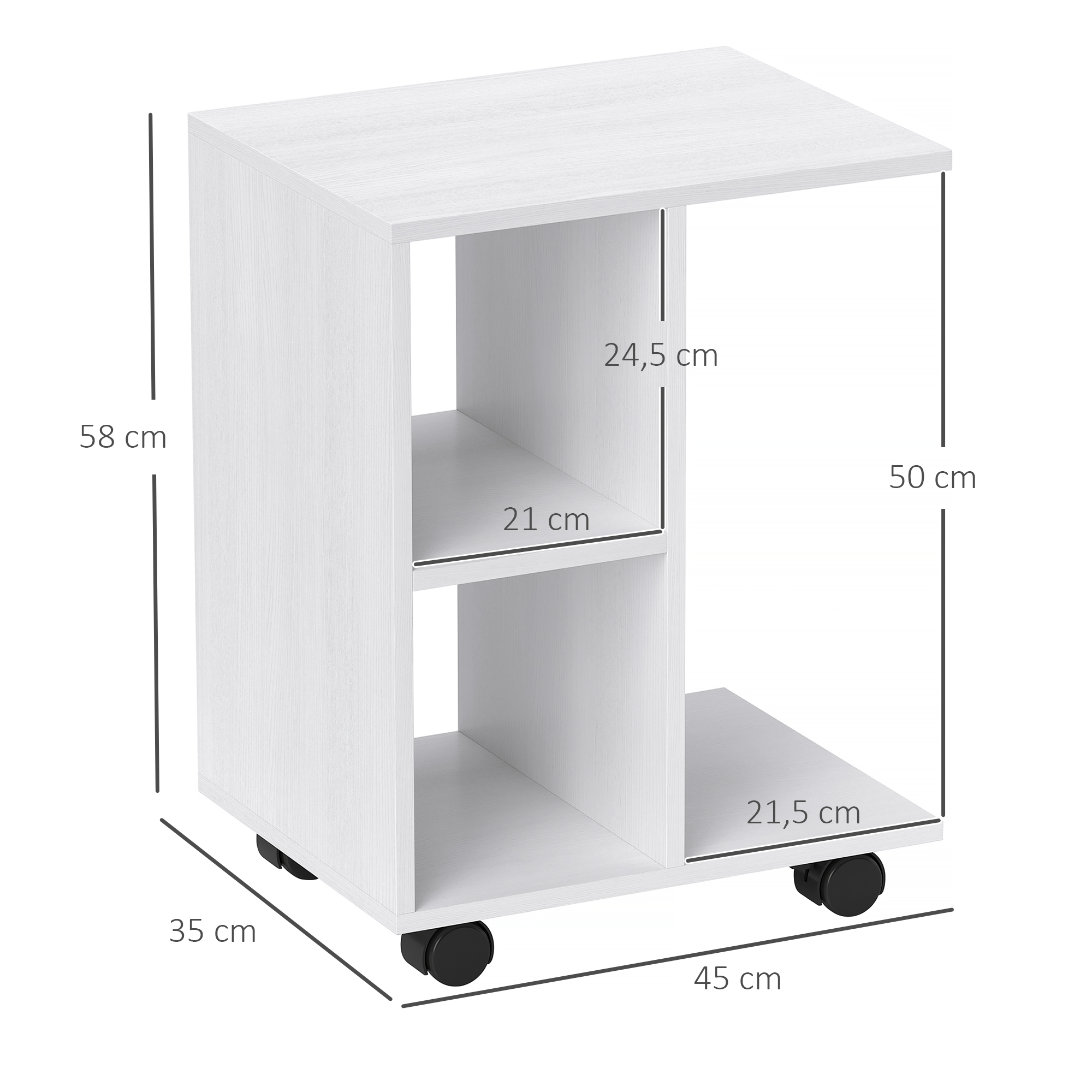 Beistelltisch in C-Form, Kaffeetisch, Couchtisch, Eckschreibtisch, mit Rollen, E1-Spanplatte, 45 x 35 x 58 cm, Weiß