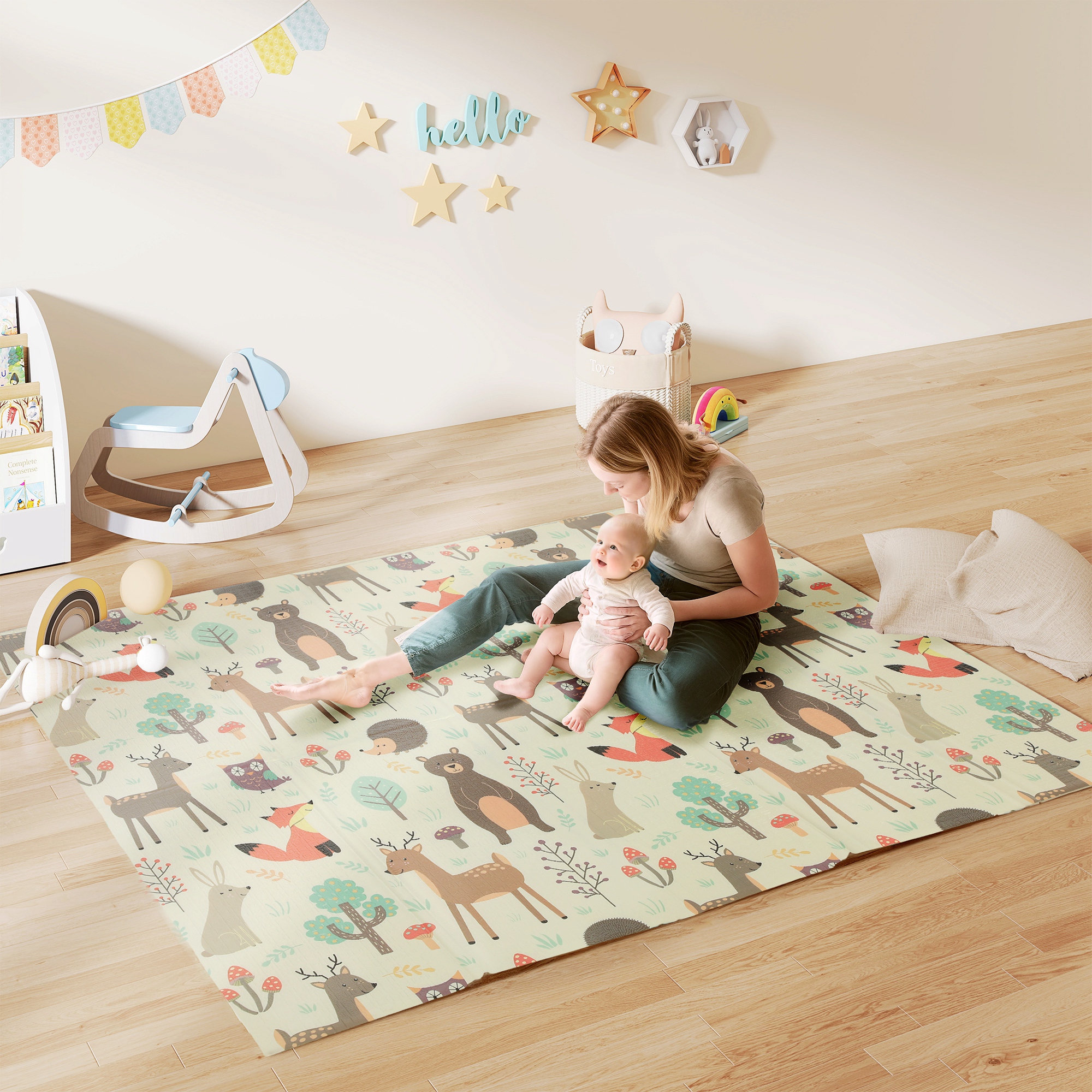 Spielmatte Baby 196 x 176 x 1,5 cm faltbar Doppelseitige Krabbelmatte Mehrfarbig