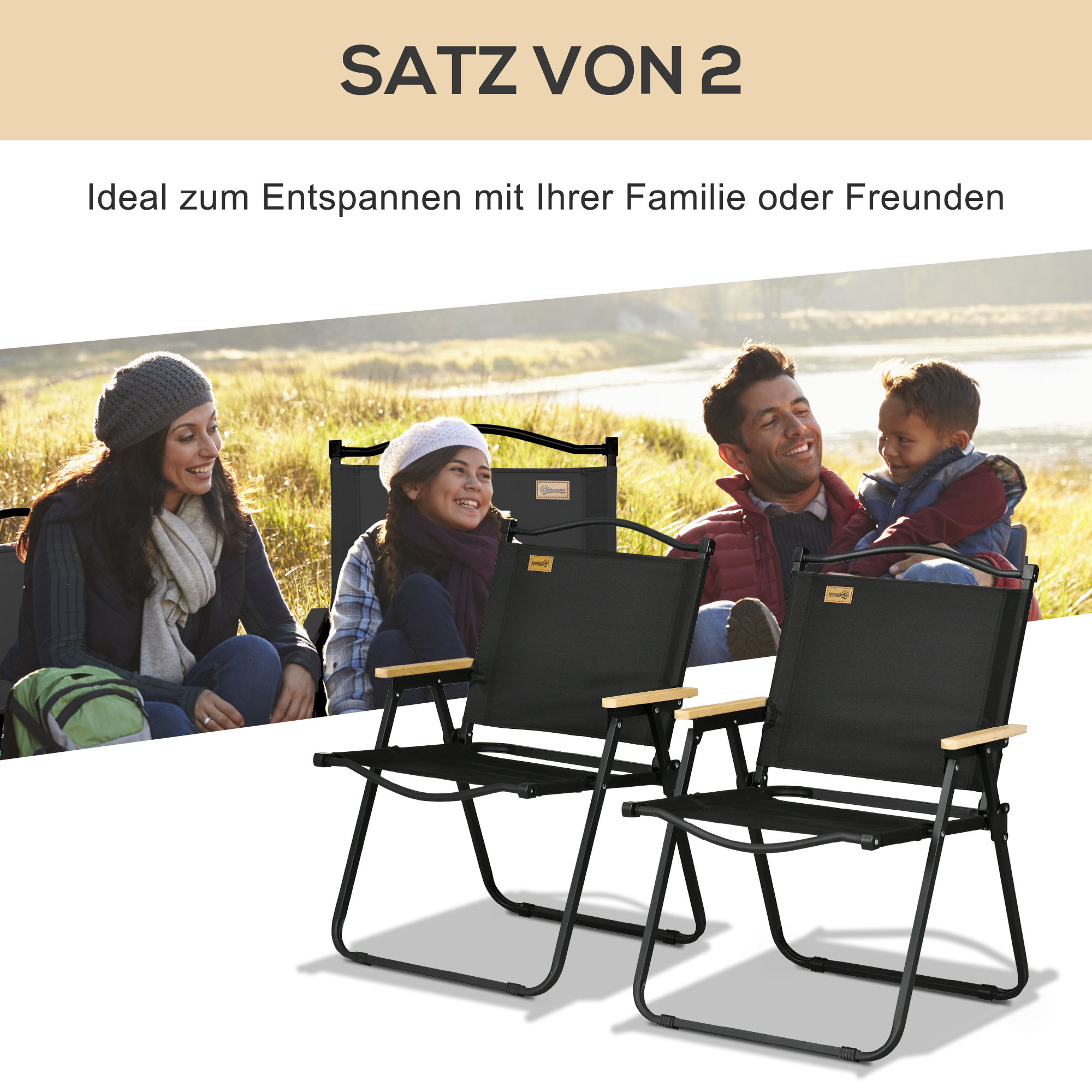 Campingstühle, 2 x Strandstuhl, faltbar, Stahl, Holzoptik, Schwarz
