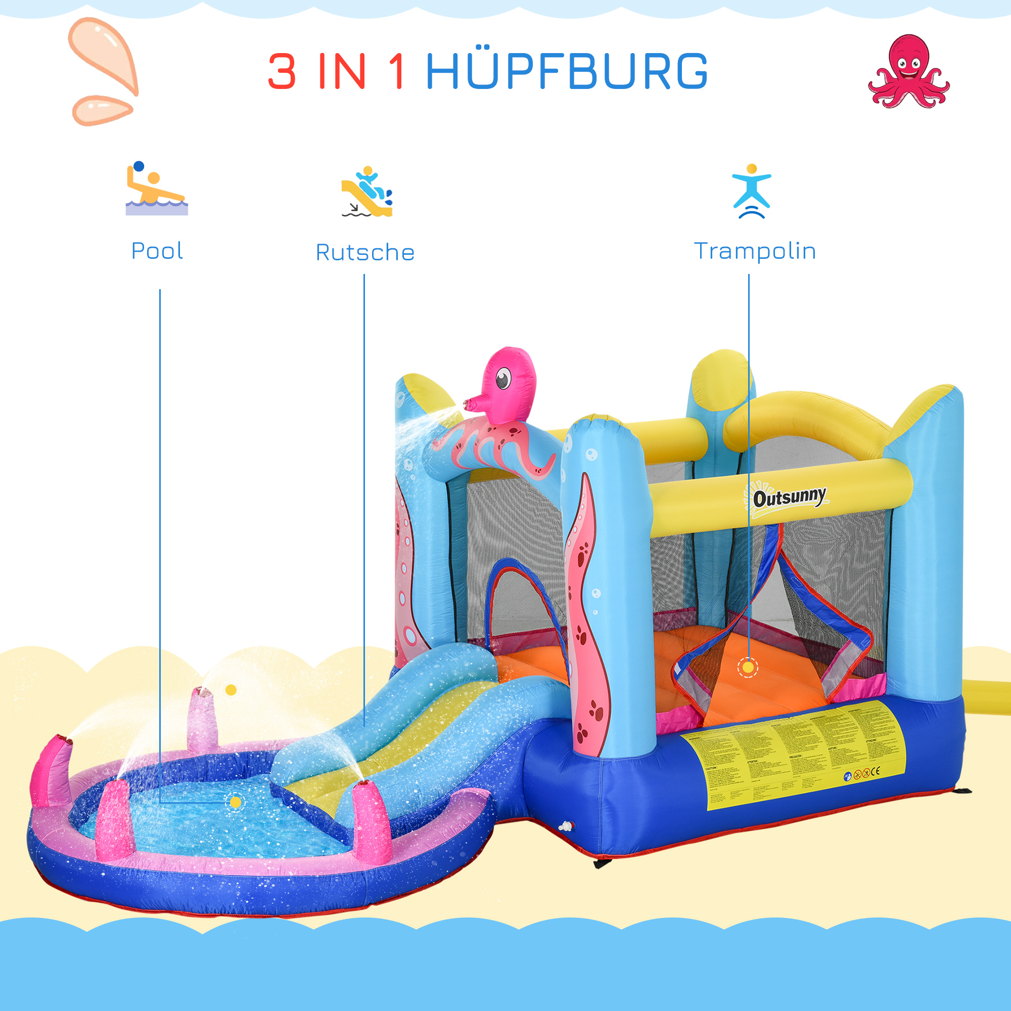 selbstaufblasende Hüpfburg inkl. Gebläse, Flicken, 1 Trampolin, 1 Wasserbecken, 1 Rutsche,  360 x 175 x 180 cm