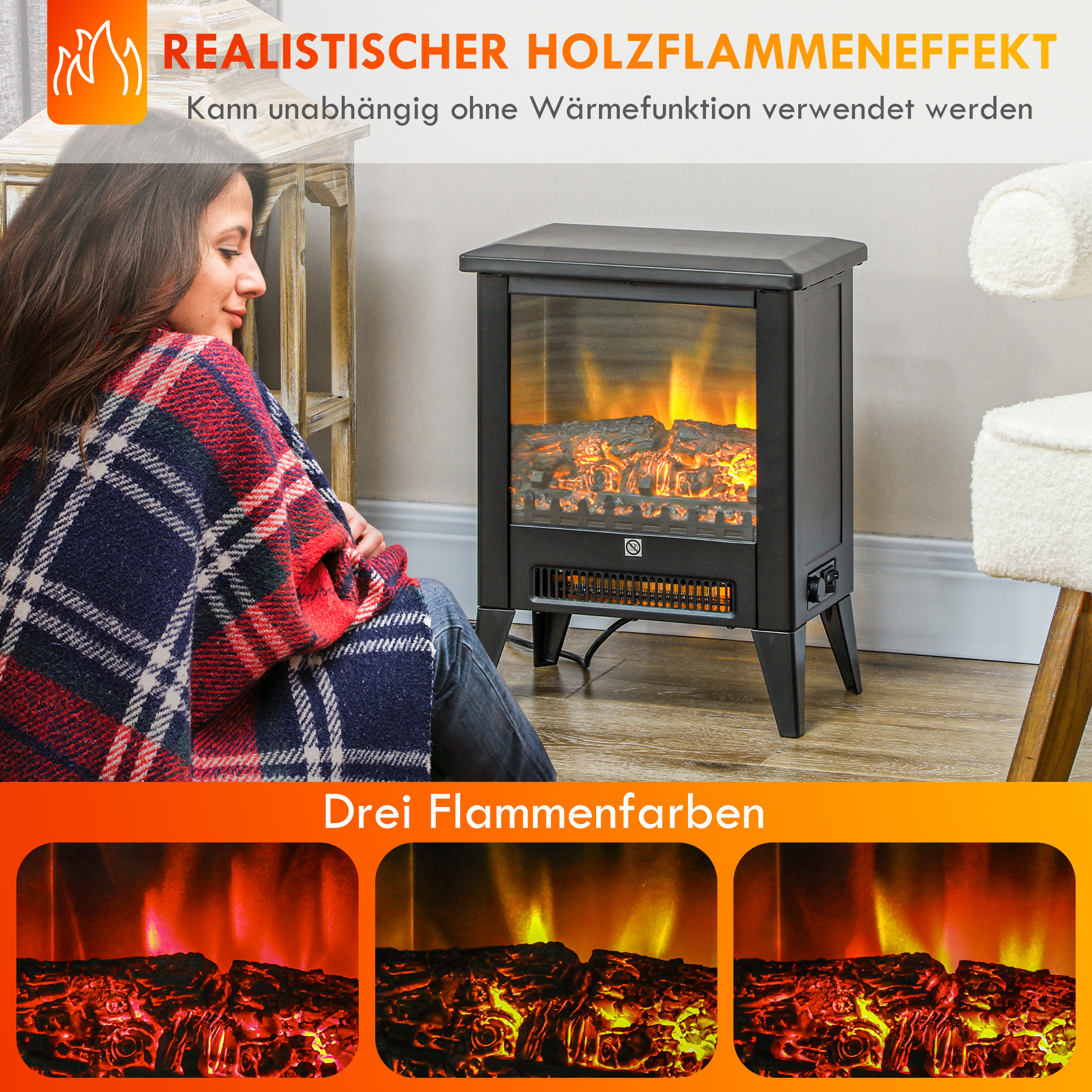 Elektrischer Kamin mit realistischem Feuereffekt, Überhitzungsschutz und niedrigem Geräuschpegel, 1800W, Schwarz