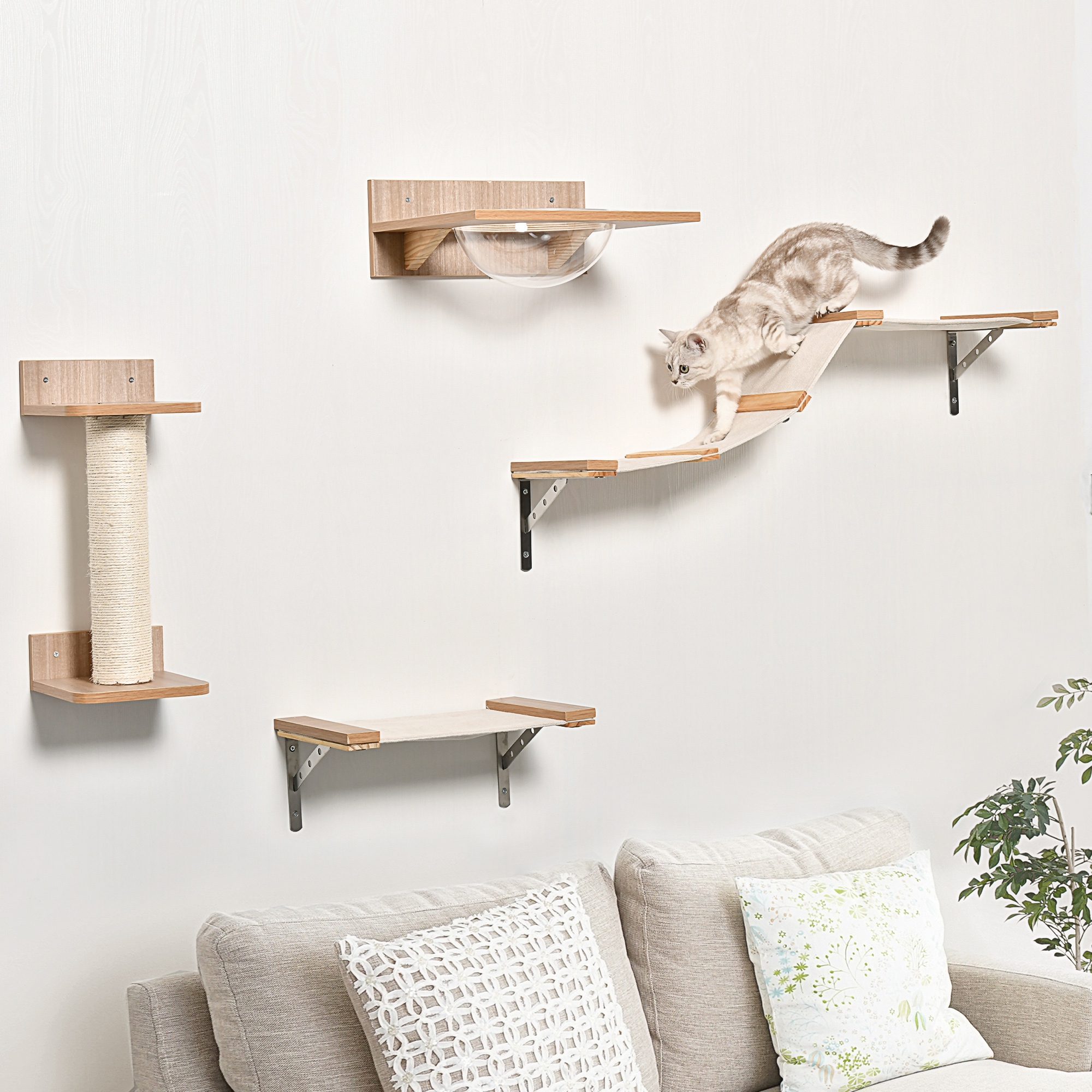 4tlg. Kletterwand für Katzen Katzenkletterwand mit Kratzbaum Katzentreppe Katzenmöbel Hängematte Hellbraun Sisal Acryl Kiefer