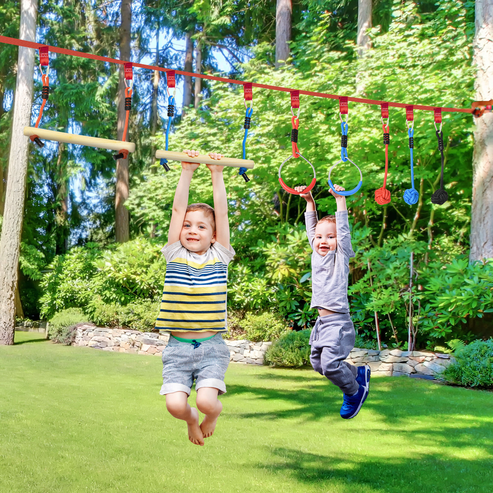 Ninja Kletterset, Slackline, 30-teilig, 10 m Seil, für Kinder 3-6 Jahren