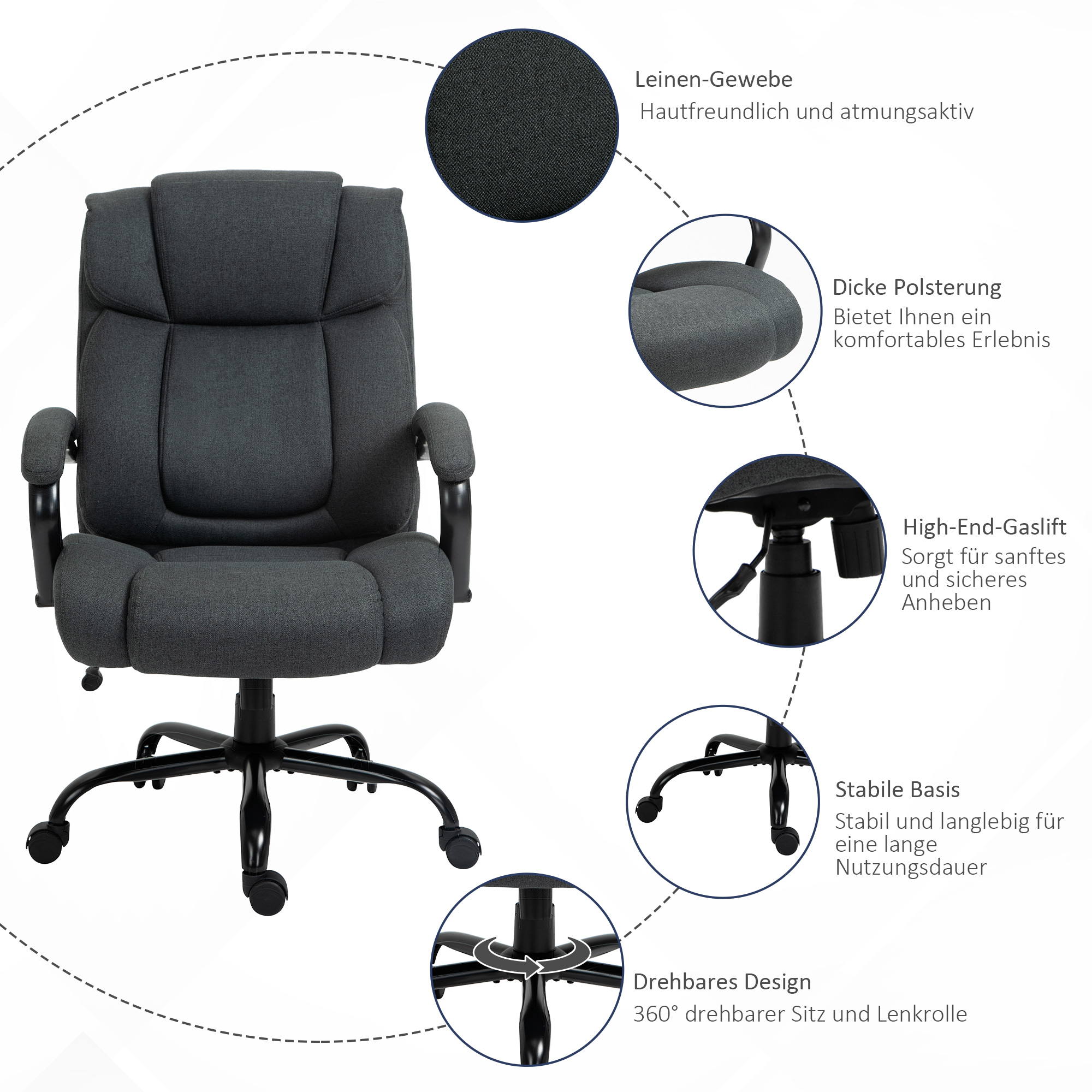 Bürostuhl, Ergonomischer Schreibtischstuhl, Drehstuhl mit gepolsterter Armlehne, bis 220 kg belastbar, Grau