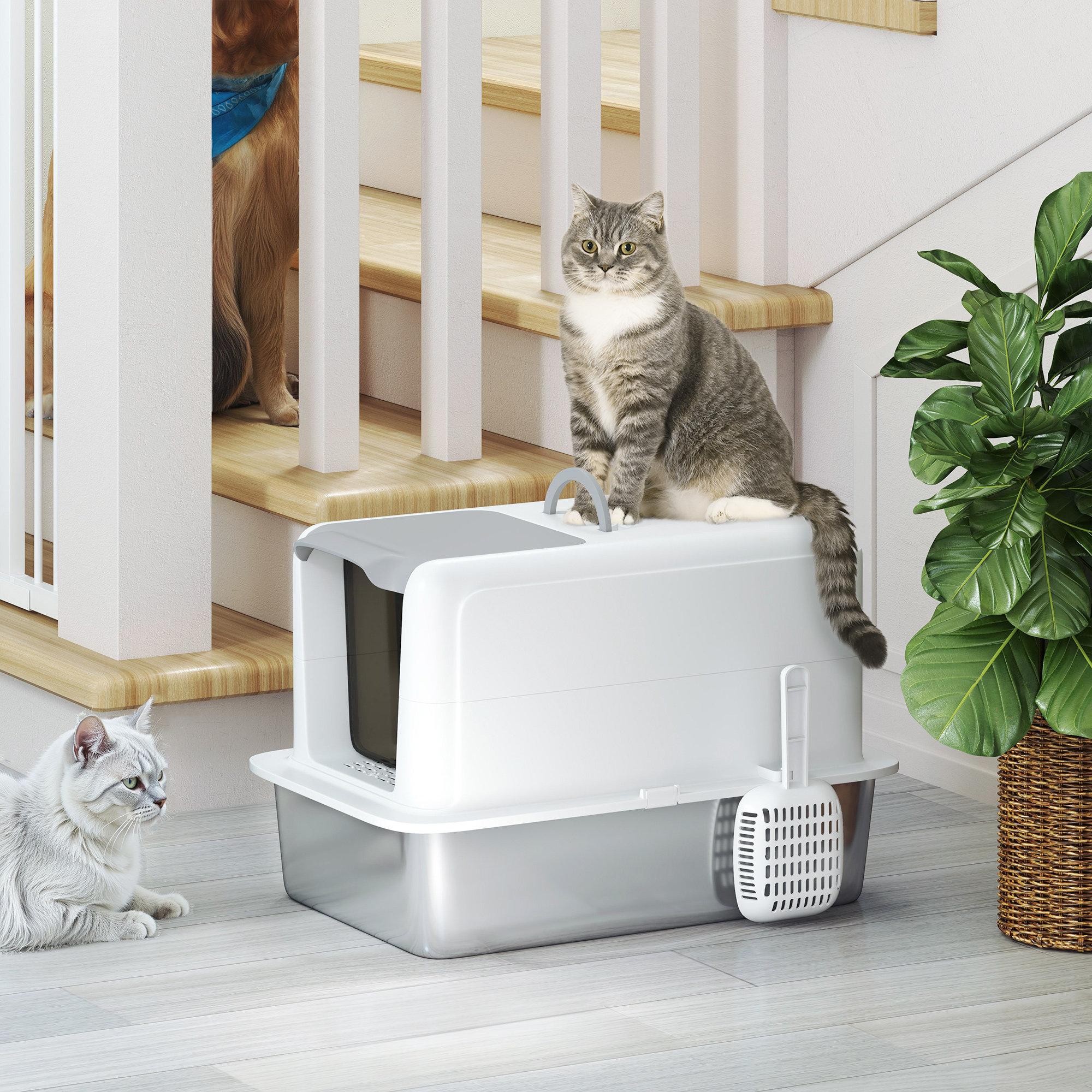 Katzentoilette, Wanne aus Edelstahl, Filter, Schaufel, für Katzen bis 6 kg, 40,5 x 60,5 x 41,5 cm, Weiß/Silber