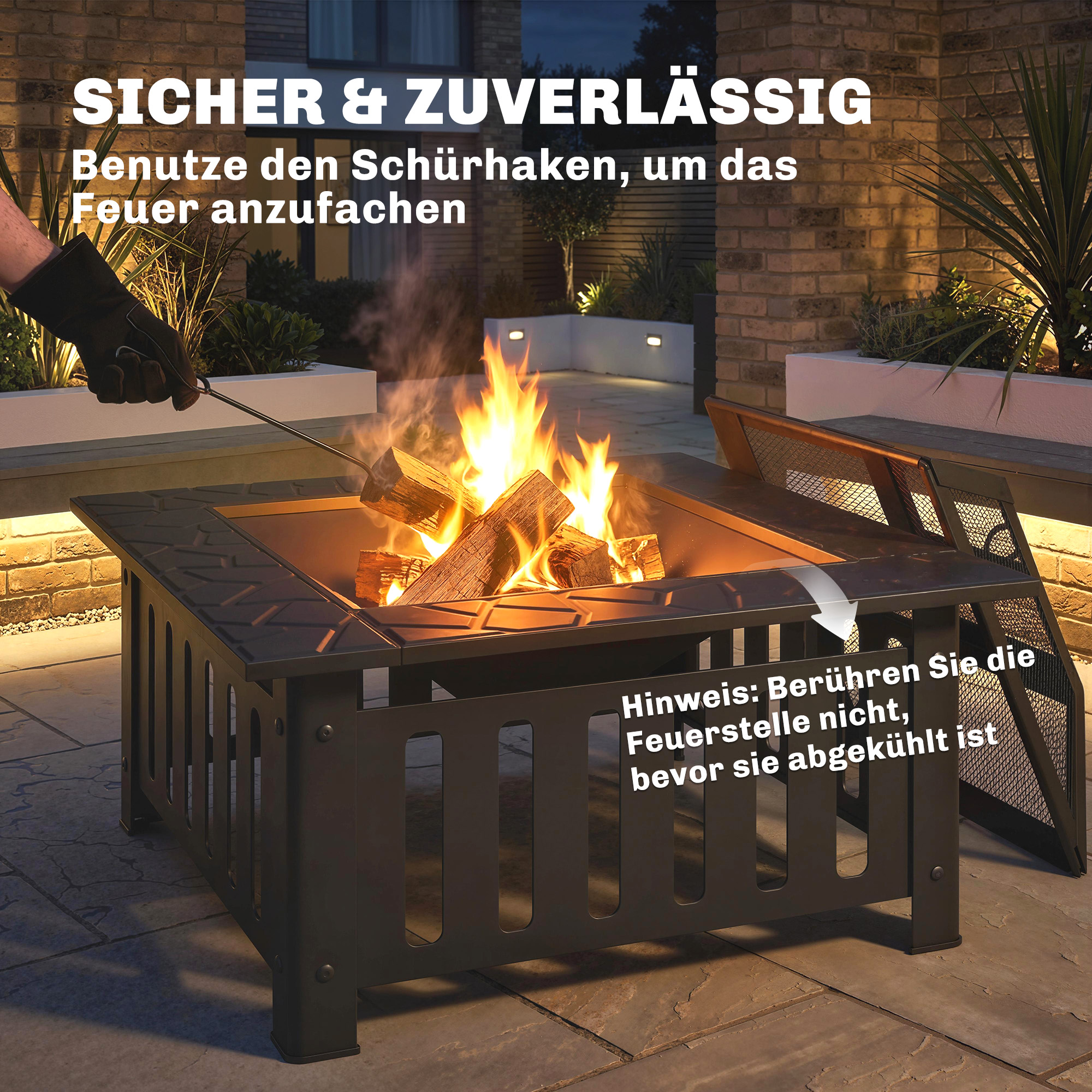 Feuerschale aus Stahl Feuerstelle mit Funkenschutz Schürhaken für Outdoor BBQ Camping 67x67x47cm Schwarz