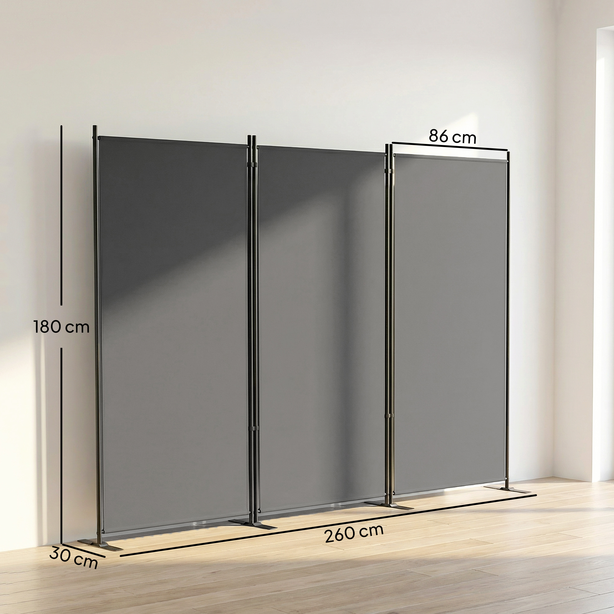 Raumteiler 3-teilig 260 x 30 cm Freistehend Paravent Trennwand Sichtschutz aus Metall, Outdoor Raumtrenner Dunkelgrau