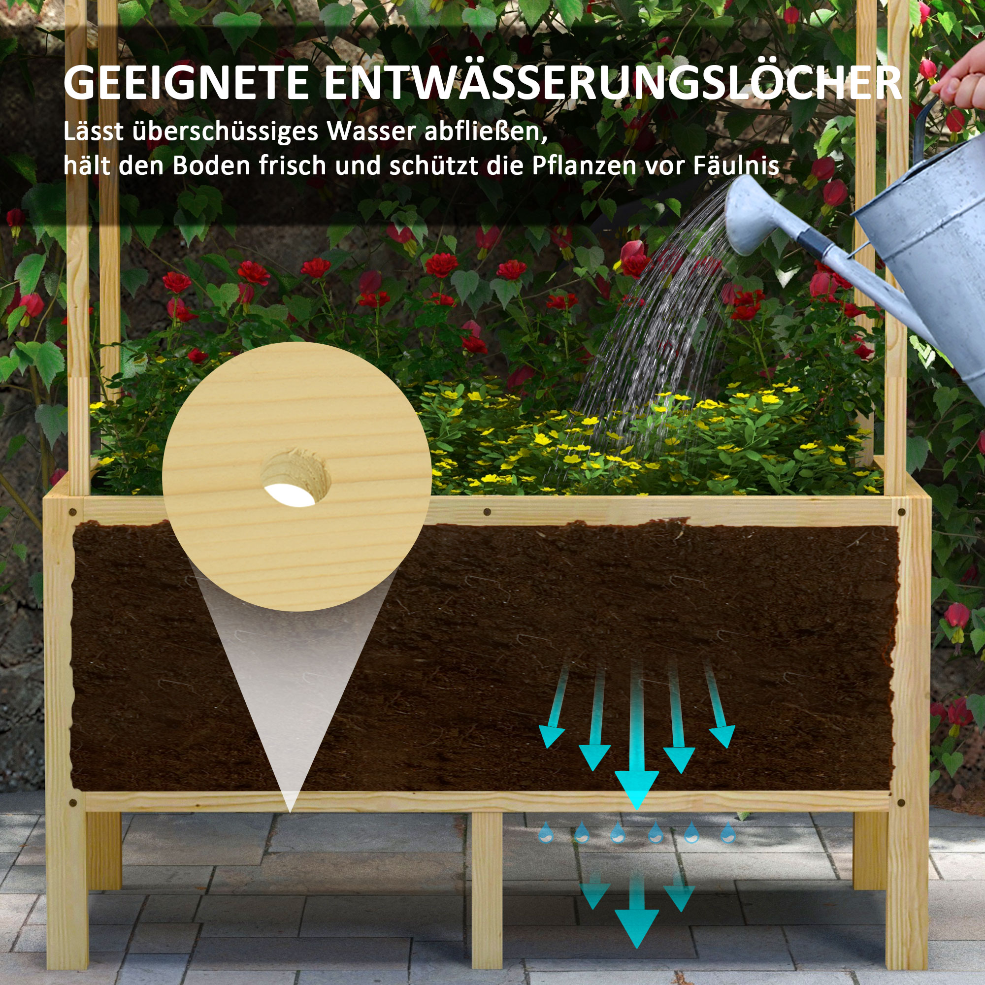 Hochbeet mit Dach, Drainagelöcher, Vliesauskleidung, wetterfest, Tannenholz, 110x60x152 cm