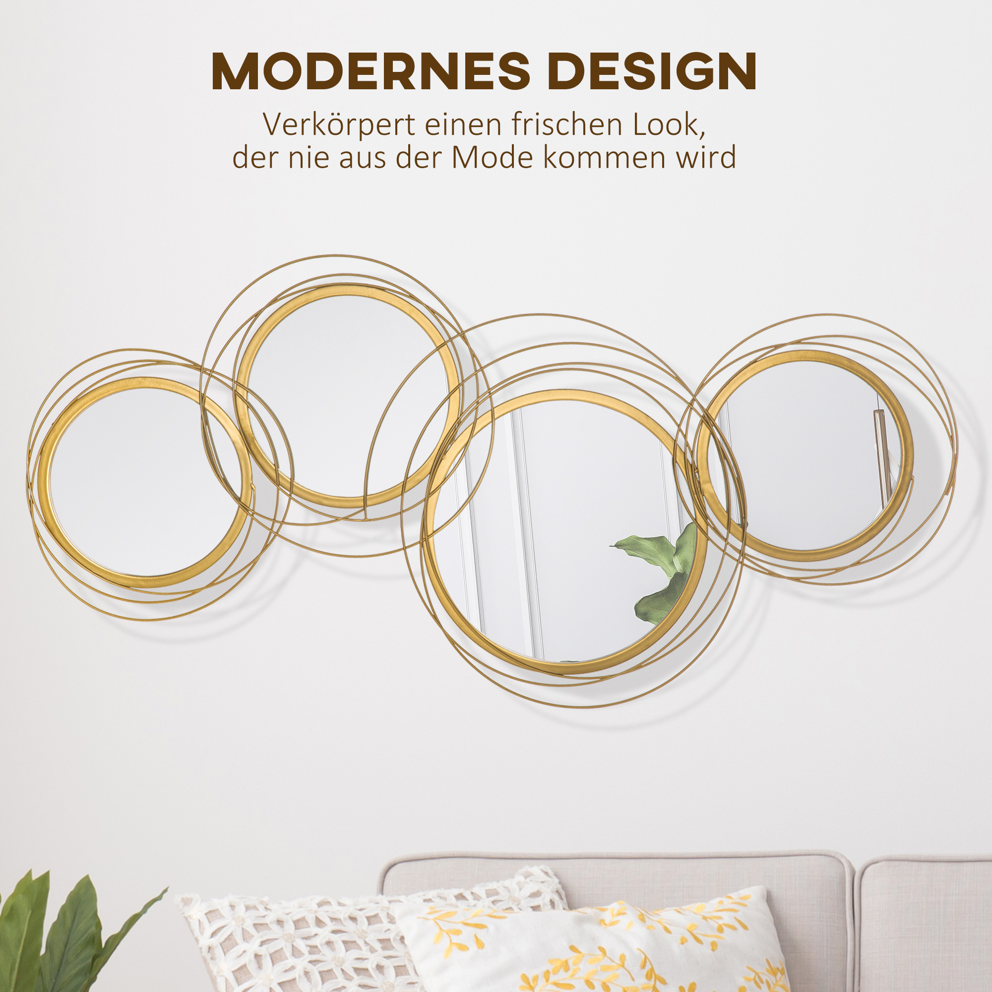 Spiegel-Set für Wanddekoration, Wandschmuck mit 4 runden Spiegeln, Wandspiegel, Flurspiegel,107 x 4 x 56 cm