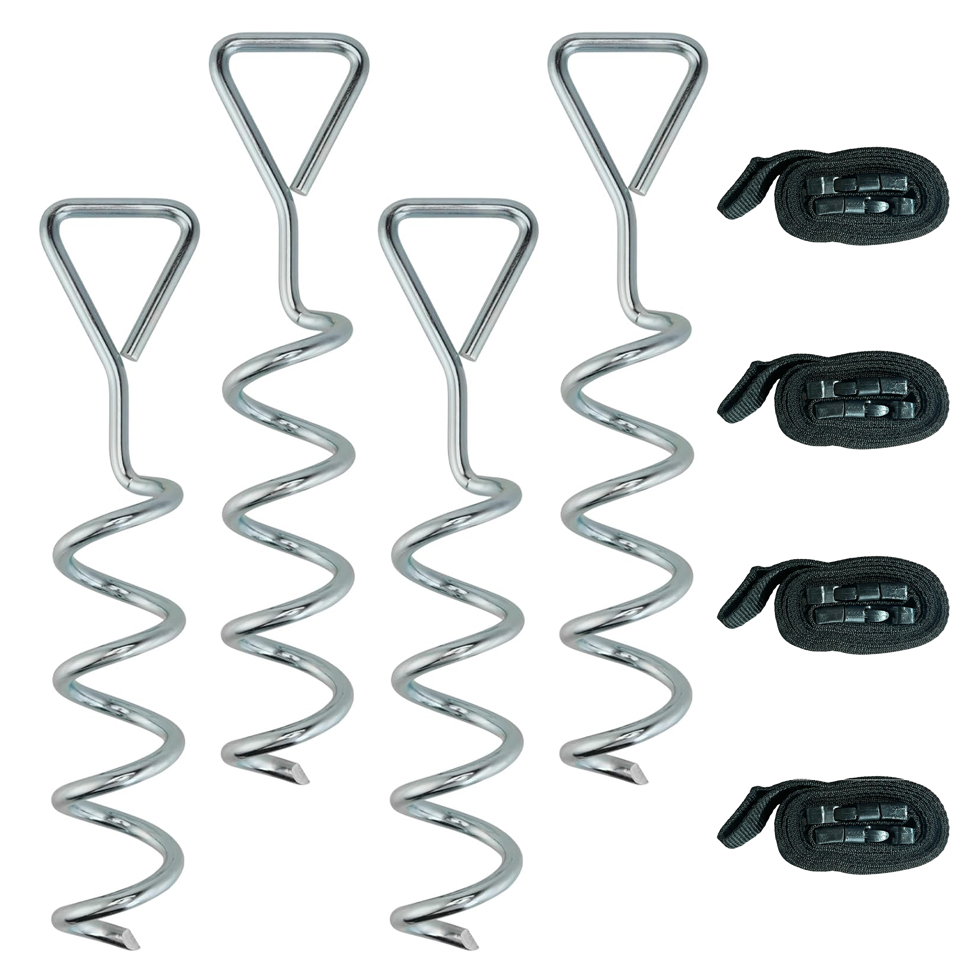 Bodenanker Schraube 4er Set 32 cm spiralförmige Trampolin Pfähle Anker mit Dreiecksgriff, verstellbare Gurte Silber