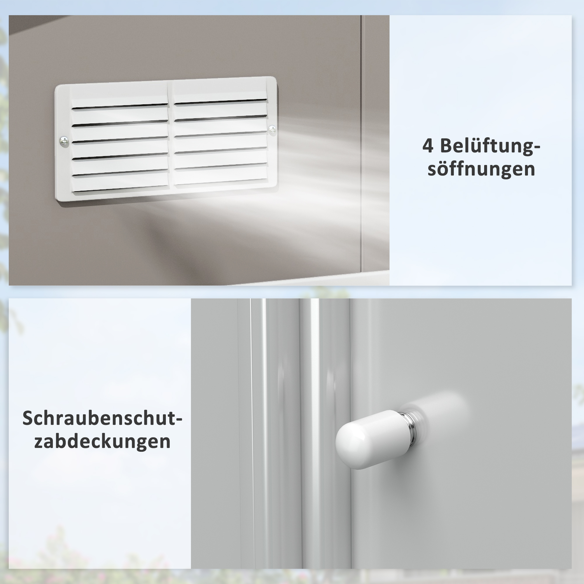 Geräteschuppen, Wetterfestes Gartenhaus für Gartengeräte, mit Belüftungsfenstern, Schiebetüren, Stahl, Hellgrau