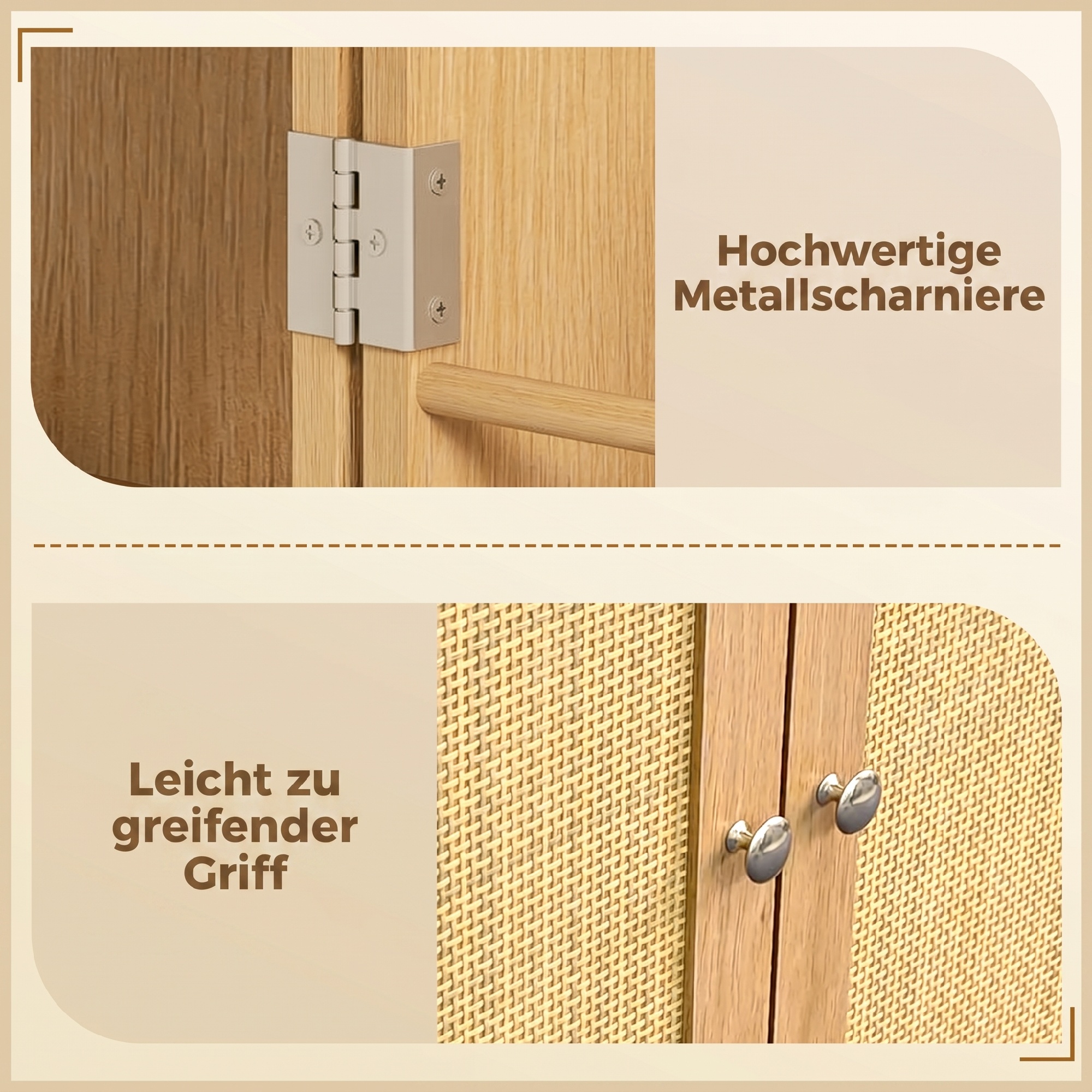 104 cm Rattan-Küchenschrank mit 5-stufigem Regal, 12 Gewürzfächern und verstellbaren Böden, Natur