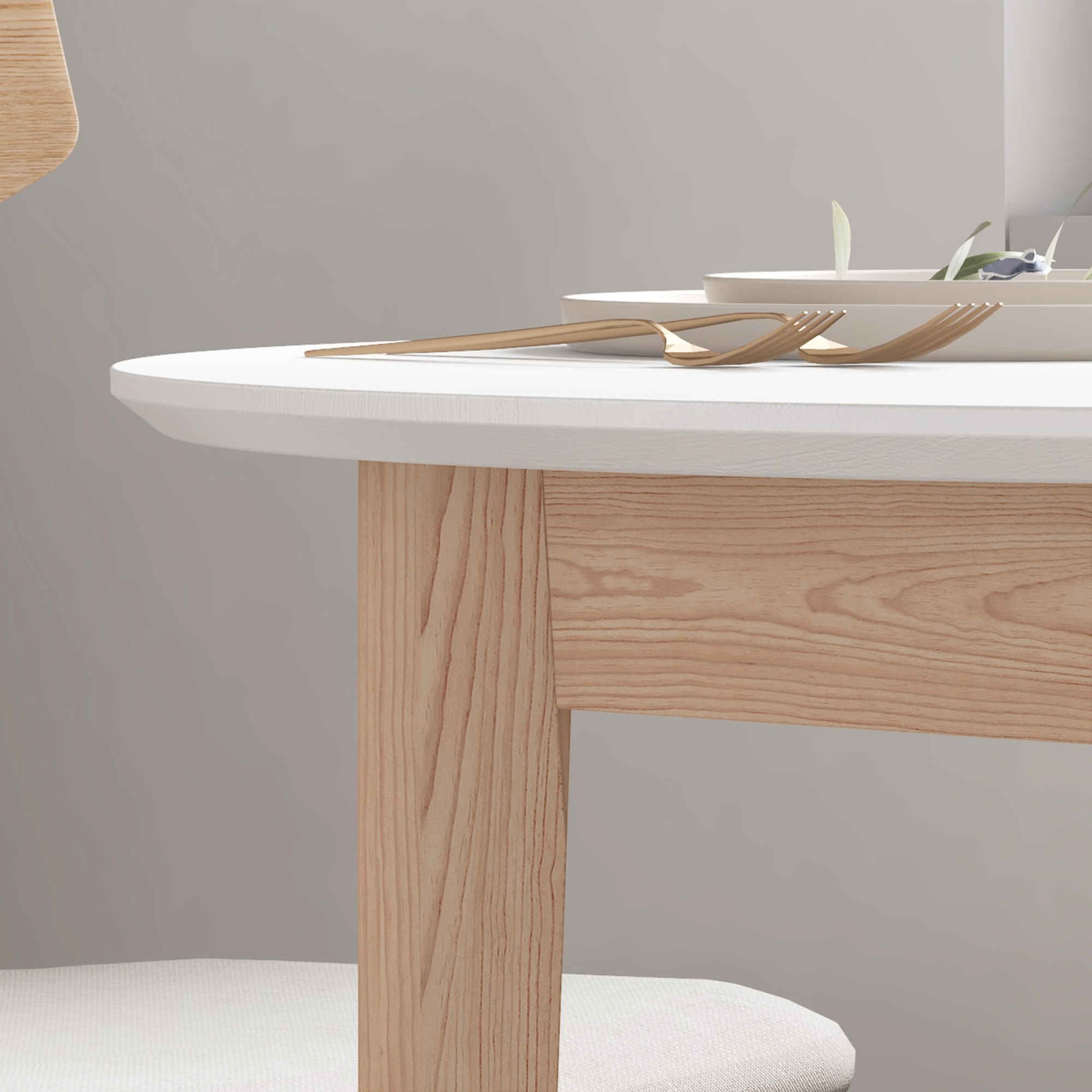 Esstisch Küchentisch Runder Tisch, Skandi-Design, 75 cm x 75 cm x 76 cm, Weiß + Natur