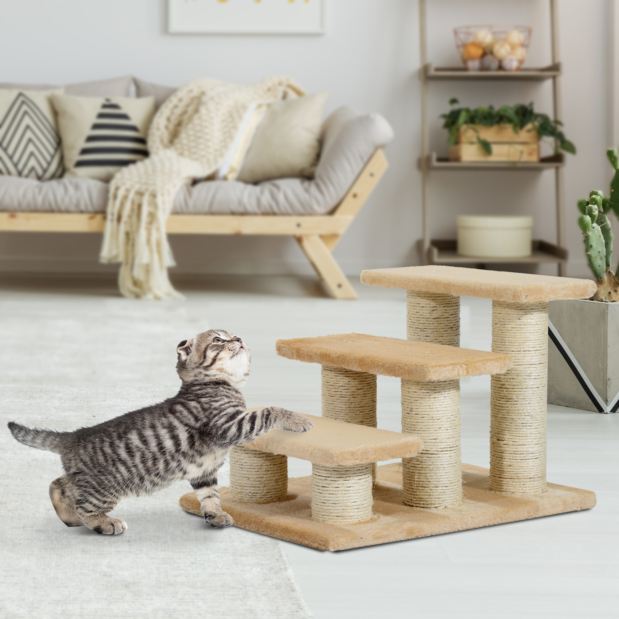 Tiertreppe Katzentreppe Hundetreppe 3 Stufen Treppe für Katze und Hunde Plüsch Creme 45 x 35 x 34 cm