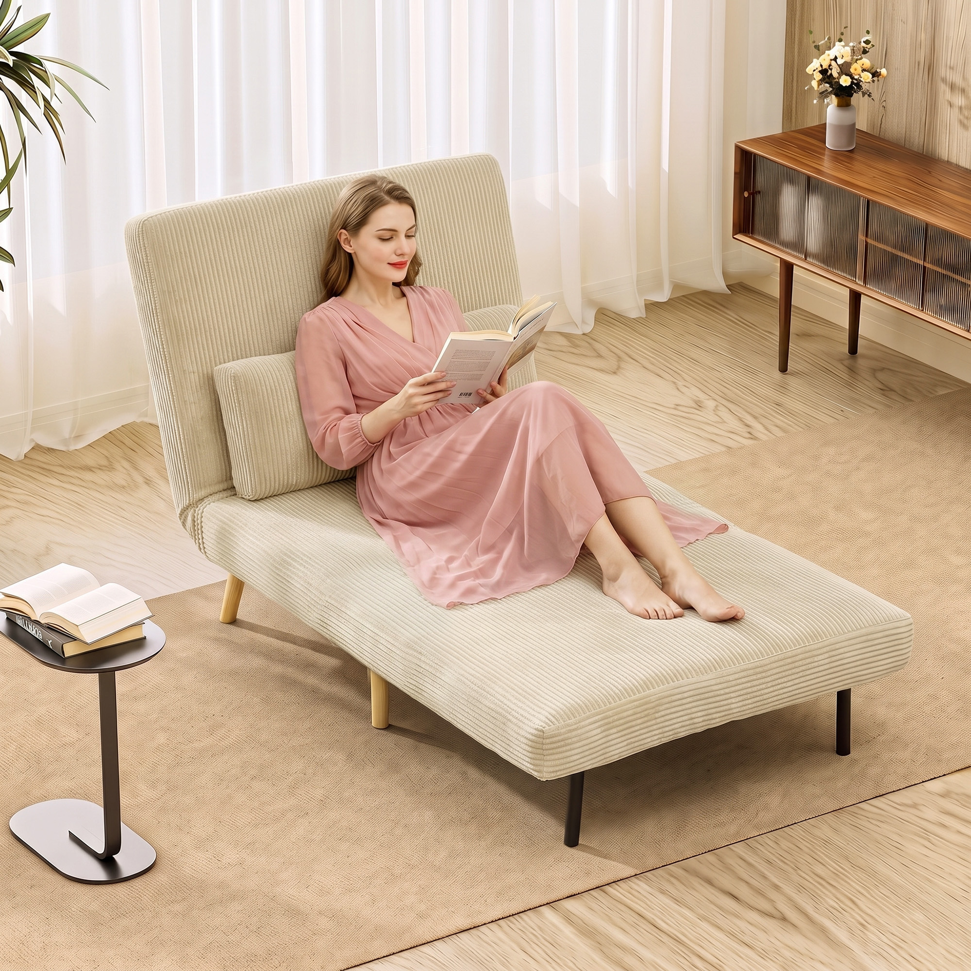 Schlafsessel 3-in-1, ausklappbarer Sessel aus Cord mit Schlaffunktion verstellbare Rückenlehne, Kissen, Beige