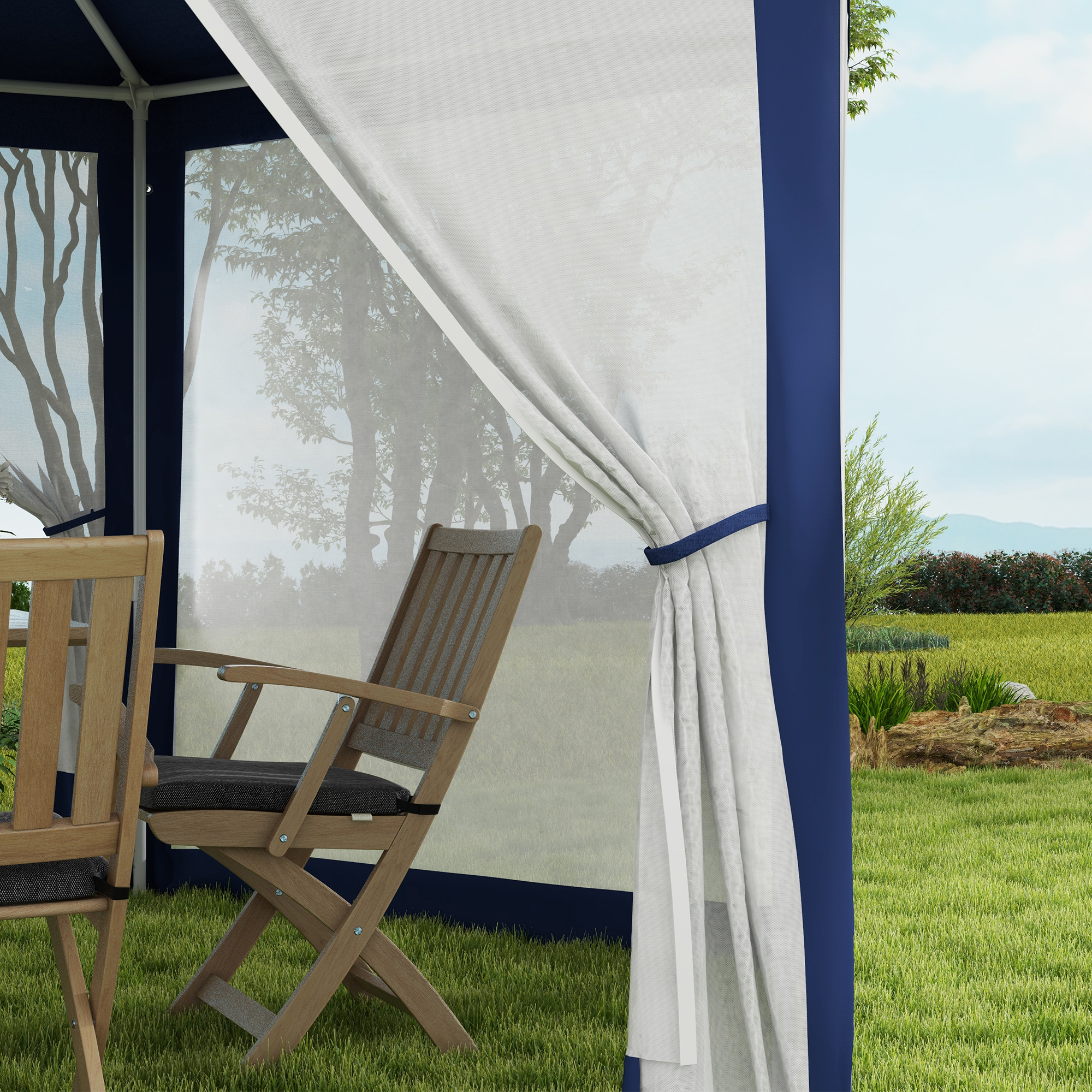 Gartenpavillon, 6-eckig, Netzvorhänge, Metallgestell, 3,94x3,412x2,5m, Blau