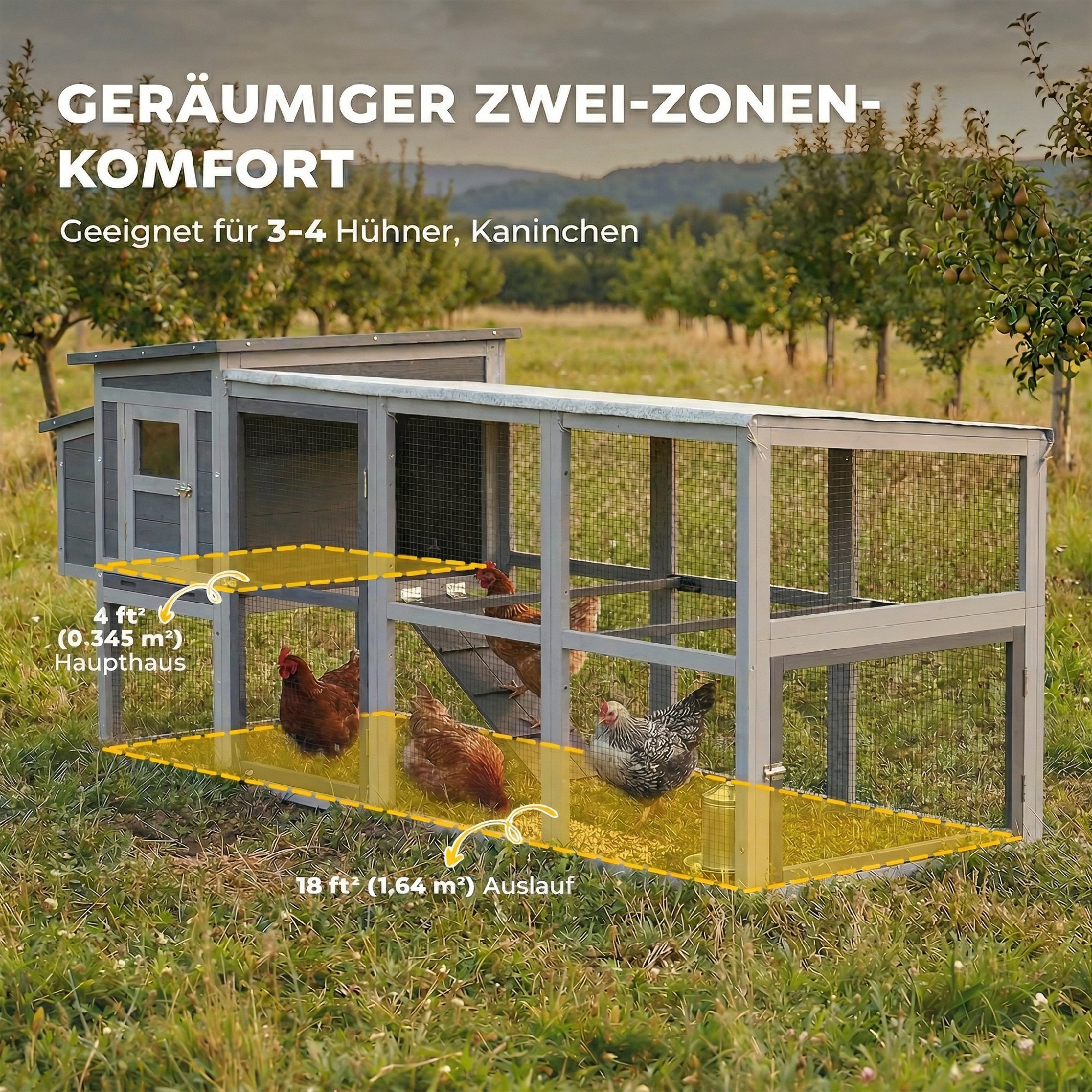 Hühnerstall Hühnerhaus für 3-4 Hühner mit Auslauf Nistkasten Asphaltdach Oxford-Abdeckung Auszugsschublade 264x82x89cm Grau