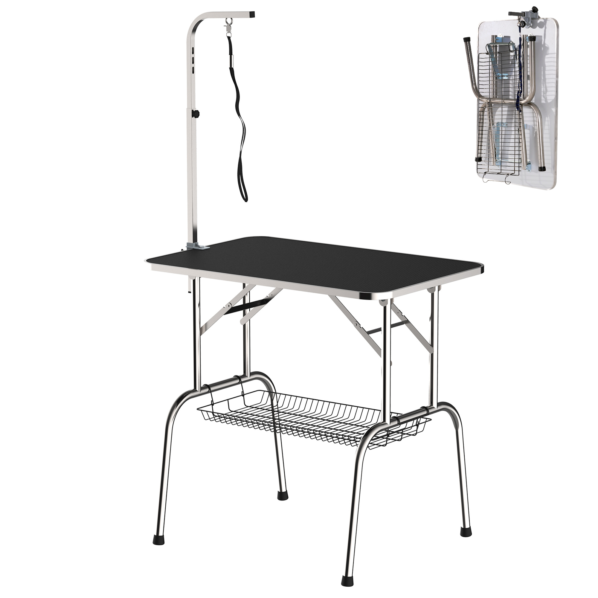 Trimmtisch für Hunde Hundepflegetisch klappbar, Haustierpflegetisch mit höhenverstellbarem Galgen, Schlingen, Netzkorb, Schertisch bis 150 kg, 90 x 60 x 75 cm, Schwarz