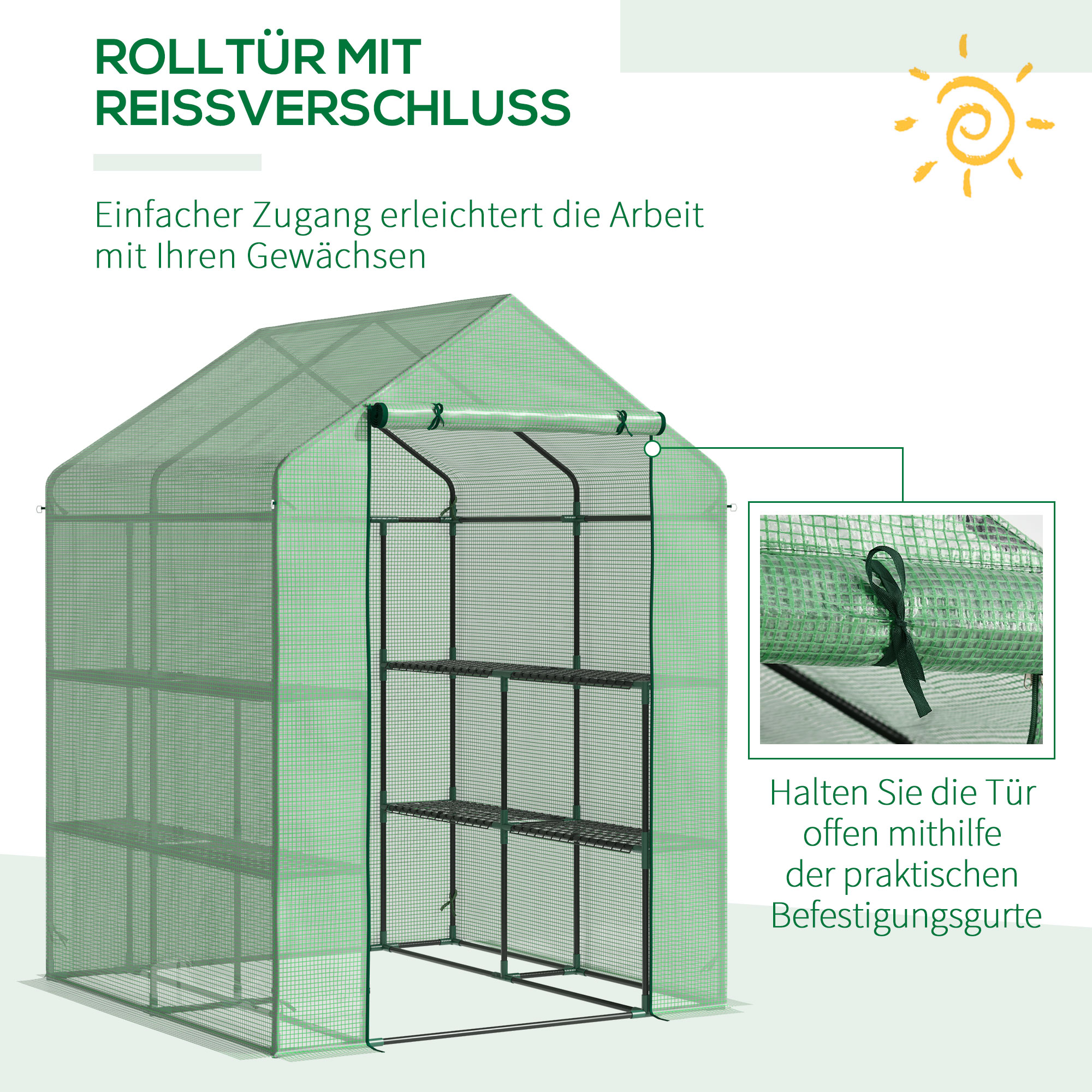 Foliengewächshaus begehbares Gewächshaus mit 8 Regalebenen Tomatengewächshaus Treibhaus Frühbeet mit Tür Grün Stahl PE-Kunststoff 143 x 138 x 195 cm