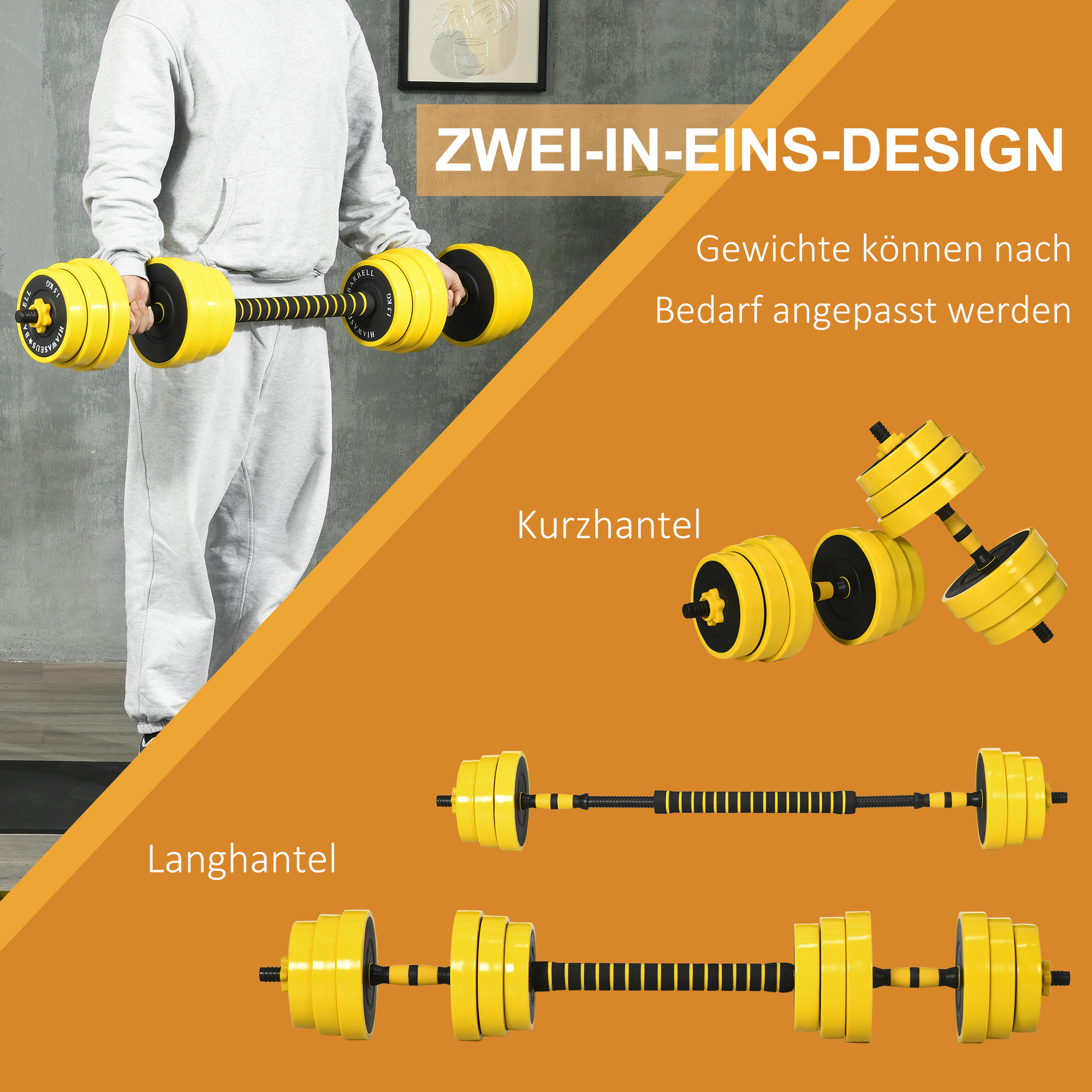 25 kg Hantel & Langhantel, einstellbare ergonomische 3-in-1 Hantelset,12 × Platten,2 × Kurze Stöcke,1 × Langer Stock,Gelb+Schwarz