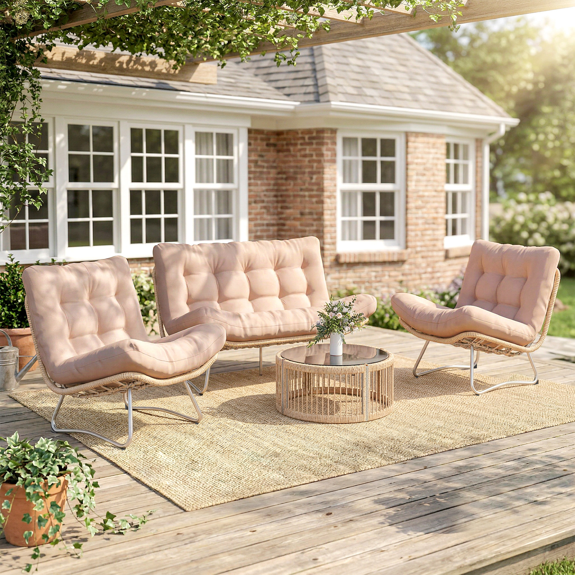Gartenmöbel Set 4-teilig Polyrattan Lounge-Set mit Zweisitzer 2 Sessel Glastisch Breitem & Tiefem Sitz Dicke Kissen