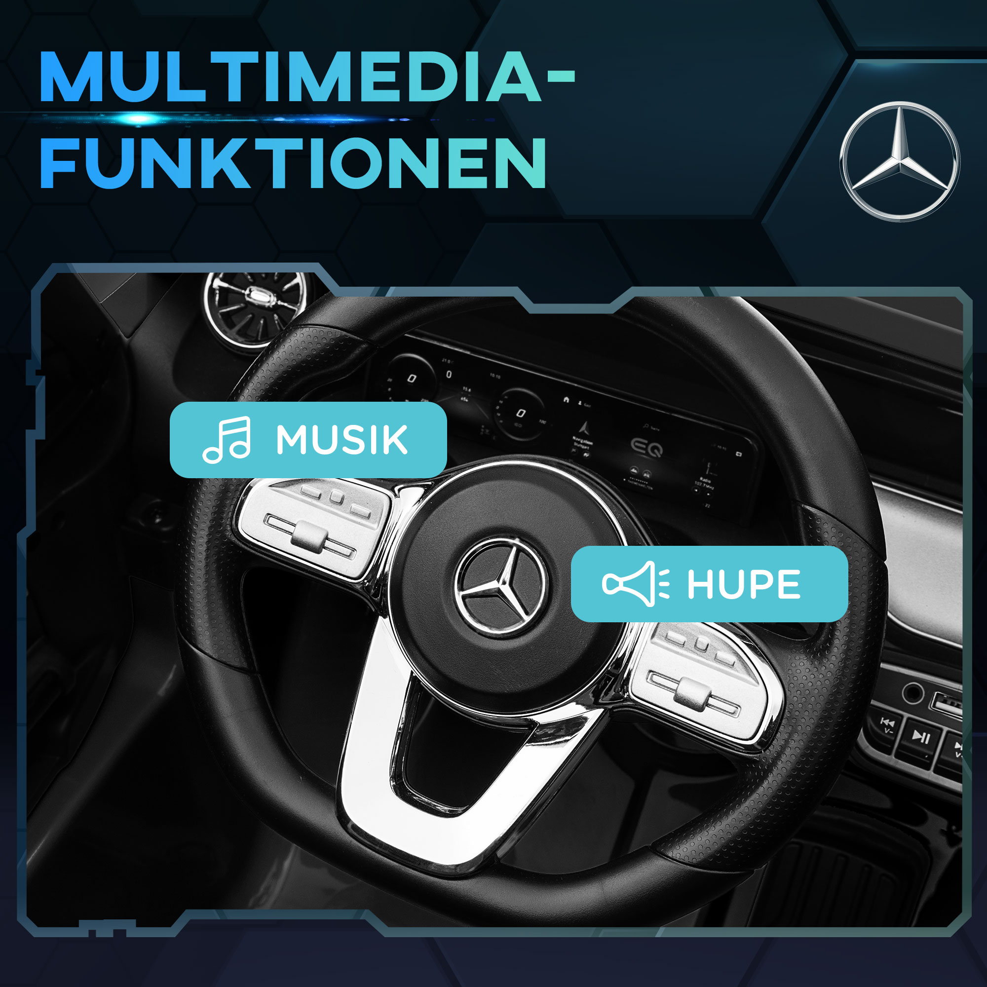 Elektro Kinderauto, lizenzierter Mercedes-Benz EQA, 3-8 km/h, Musik, Scheinwerfer, Hupe, Fernsteuerung, schwarz