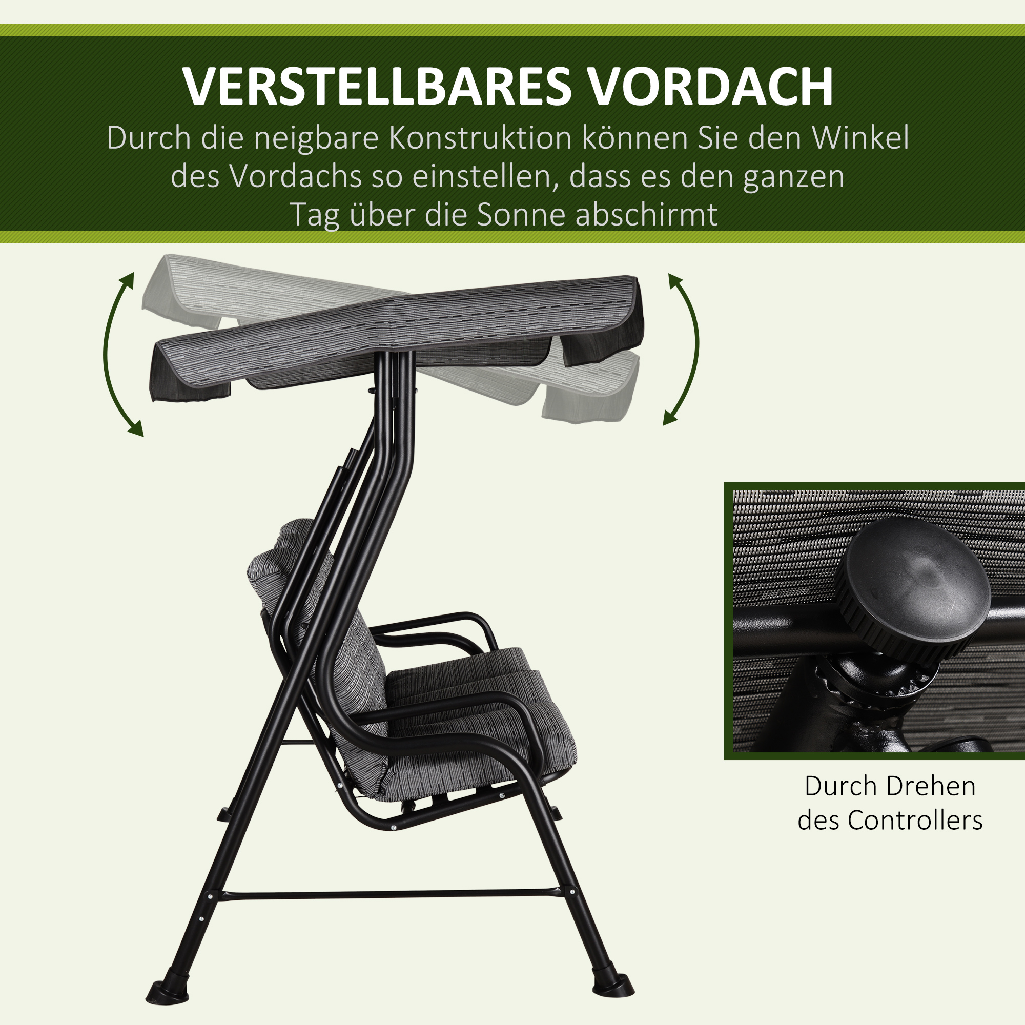Hollywoodschaukel, 3-Sitzer Gartenschaukel, Verstellbares Sonnendach, Texteline Grau 200 x 120 x 170 cm