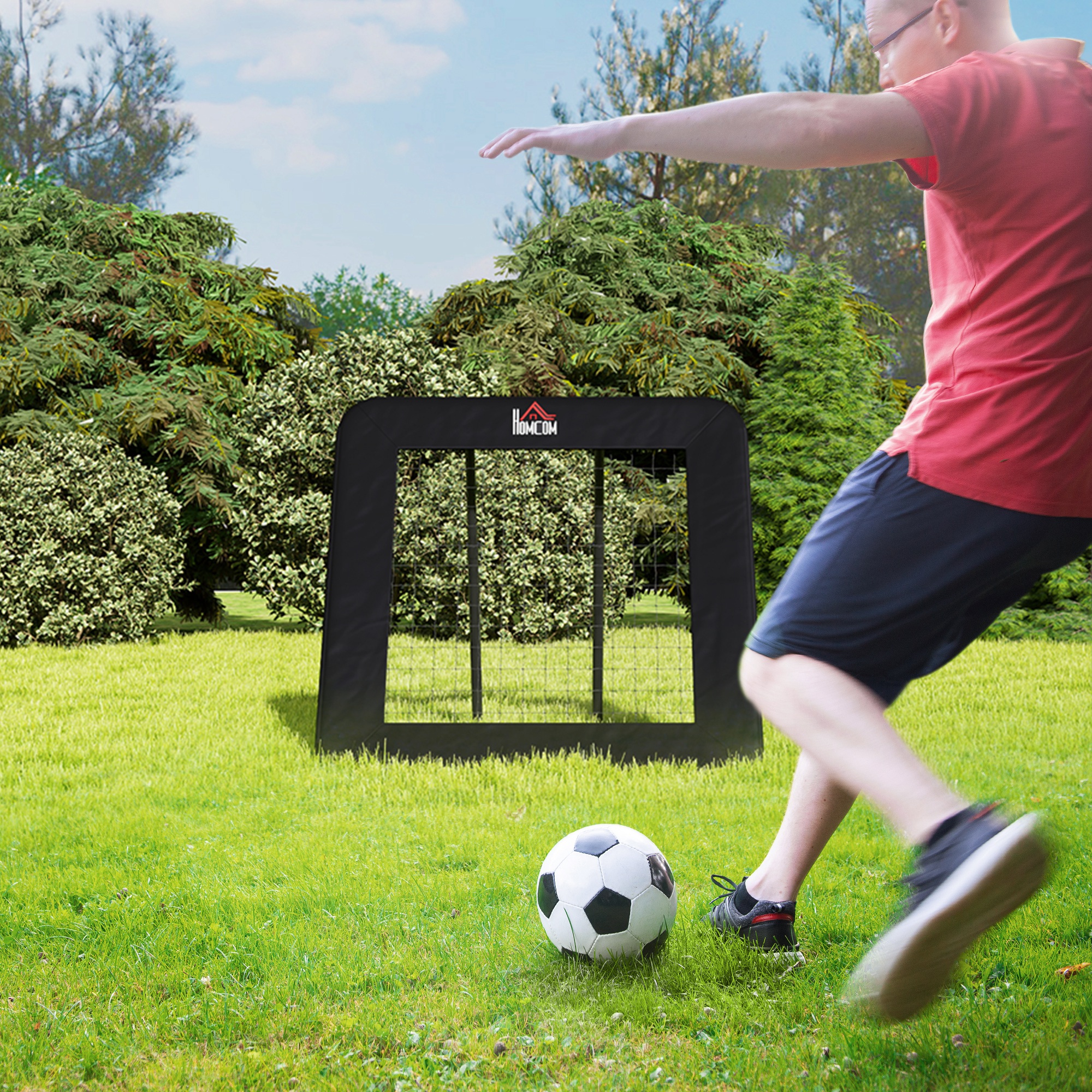 Rebounder für Fußball, 128 x 118 cm Prellwand mit Schutzkante Heringen, verstellbar in 5 Stufen, tragbares Rebound, Fußballtor für Jugendliche, Rückprallwand für Fußball Training, Schwarz