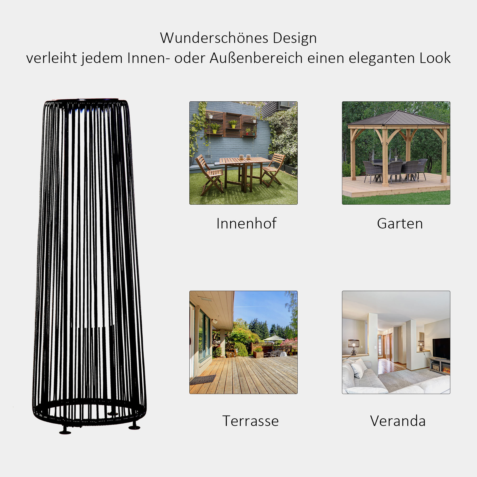 Gartenleuchte, Außenlampe, solarbetrieben, 8 Stunden Betrieb, Rattanoptik, schwarz, 21,5 x 21,5 x 61 cm