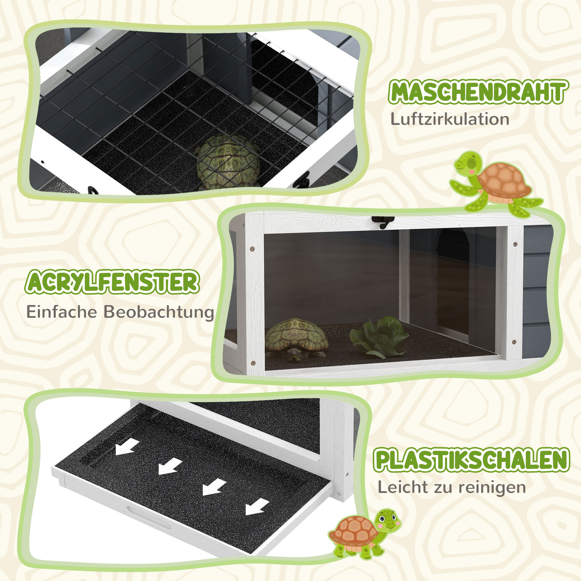 Schildkrötenhaus, Reptilienbox mit 2 Räumen, Deckel, Kunststoffschalen, Fenster, Holz, Grau