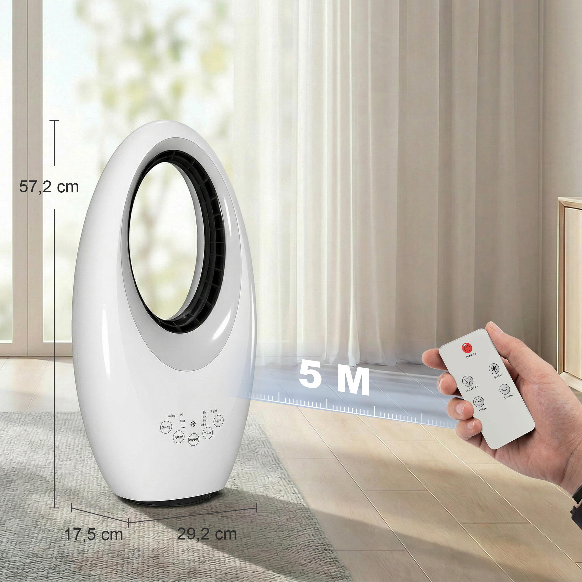 Bladeless Turmventilator, 36dB leiser Ventilator mit 60° Oszillation, LED-Beleuchtung, 3 Geschwindigkeiten, 7,5-Stunden-Timer, Fernbedienung