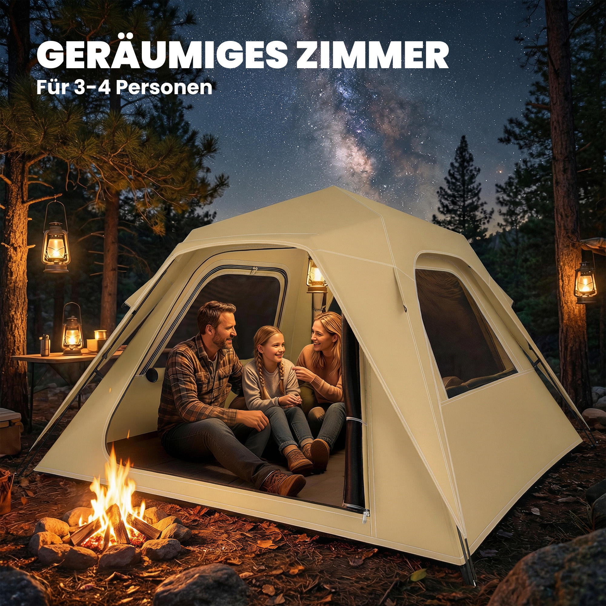 Instant-Pop-Up-Zelt mit Regenschutz, wasserdicht Kuppelzelt für 2-3 Personen mit 2 Türen 2 Fenstern 240x240x160 cm Khaki
