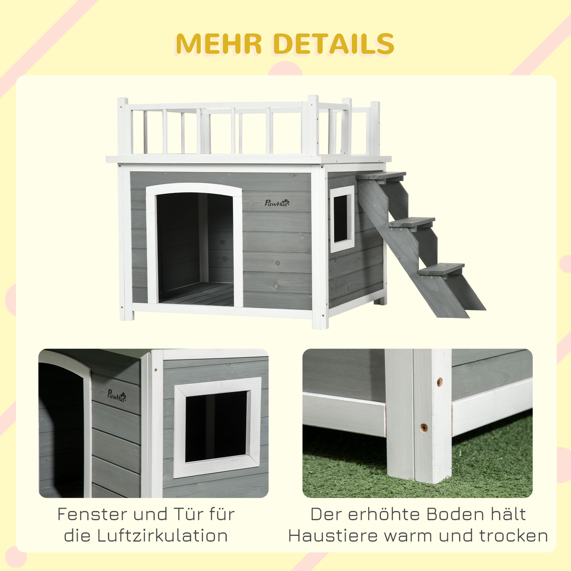 Hundehütte, Dachterrasse, Treppe, Fenster, Bodenabstand, Naturholz, hellgrau, 121 x 77 x 78cm