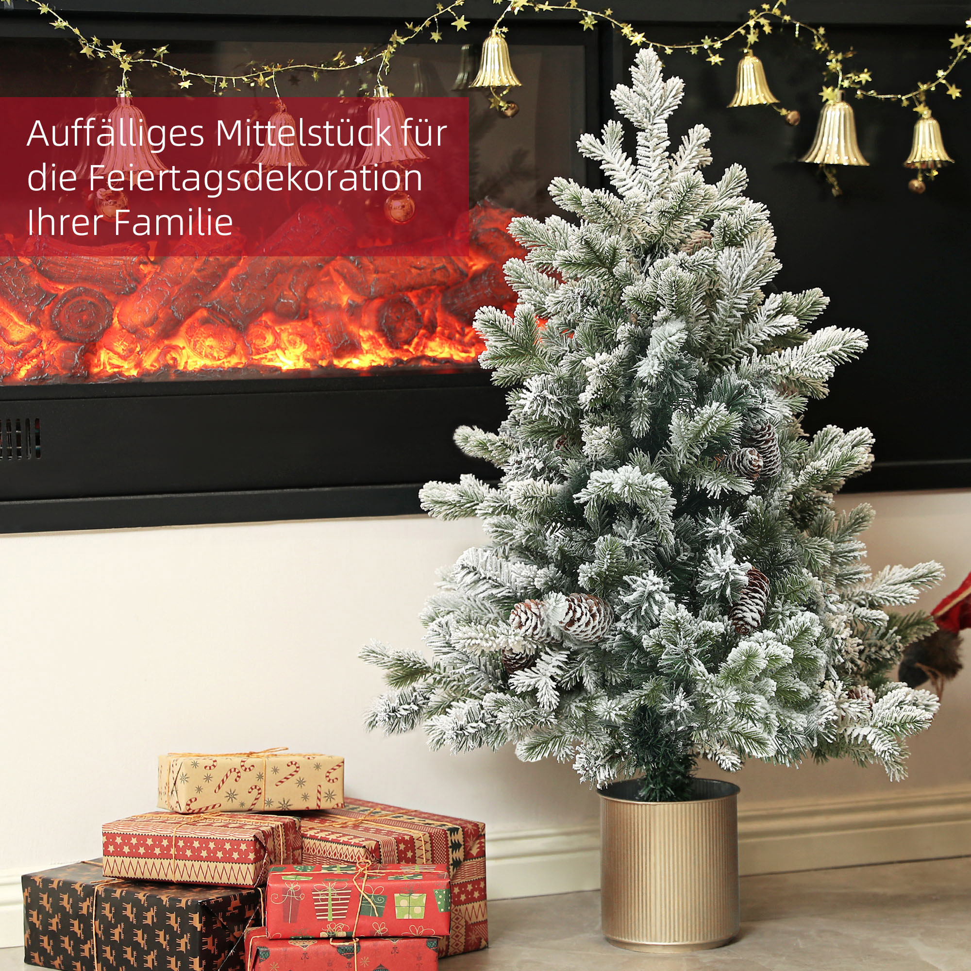 Weihnachtsbaum mit Tannenzapfen, schneebedeckt, flammenhemmend, stabil, Ø60 x 100H cm, Grün/Gold