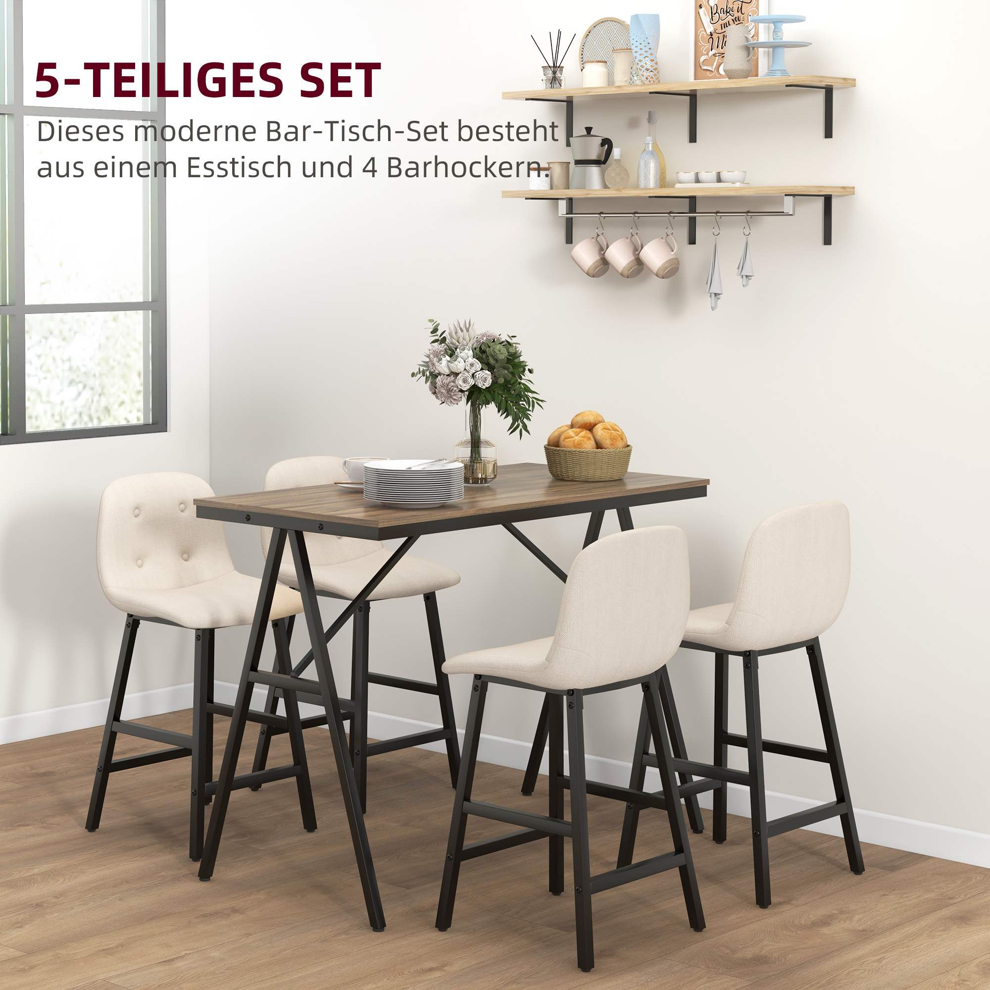 Bargarnitur 5-teilig, Tisch und 4 Stühle, Knopfheftung, dicke Polsterung, Leinenoptik, Beige