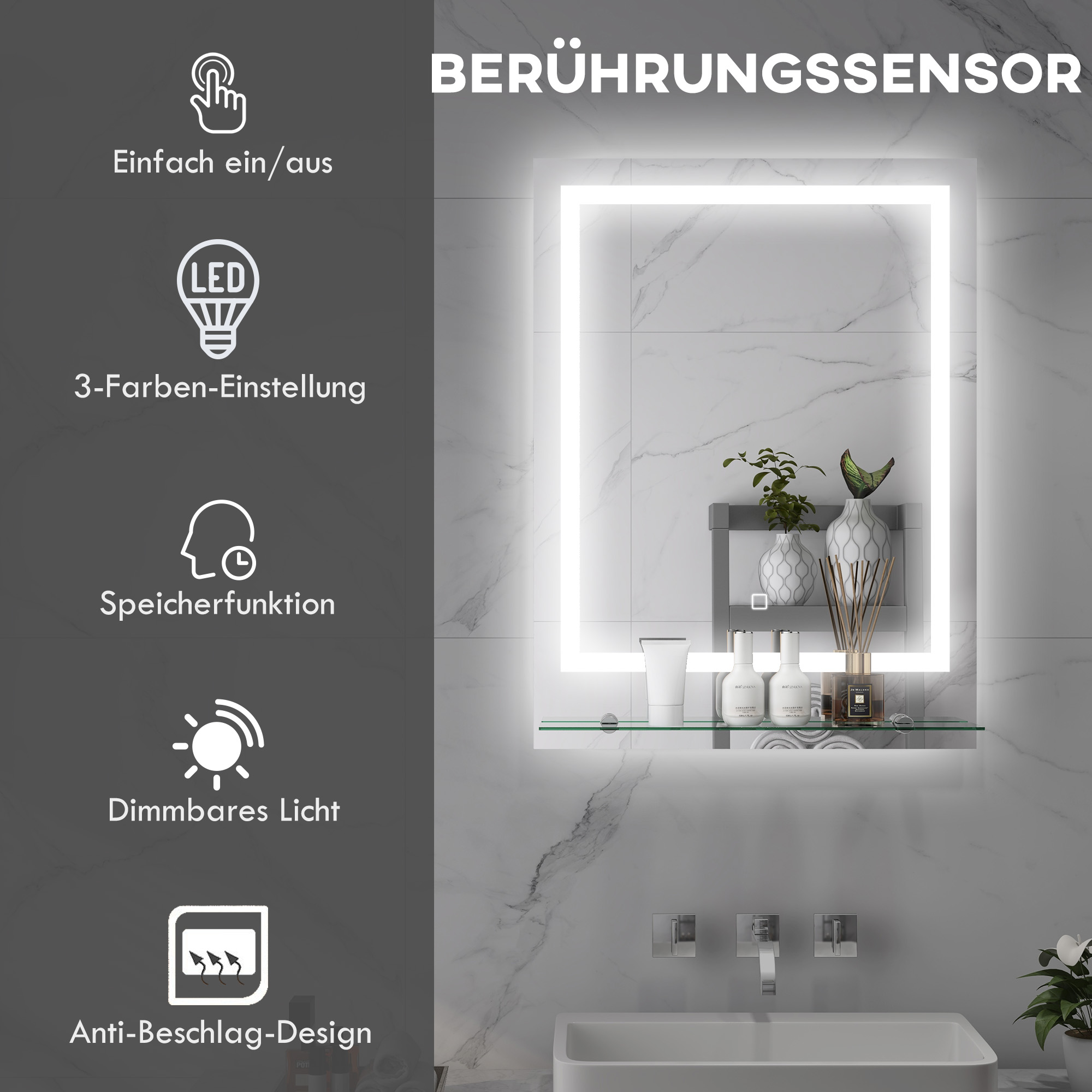 Badezimmerspiegel mit LED-Beleuchtung, 3 Lichtfarben, Antibeschlag-Funktion, verkabelt, 70 x 50 cm