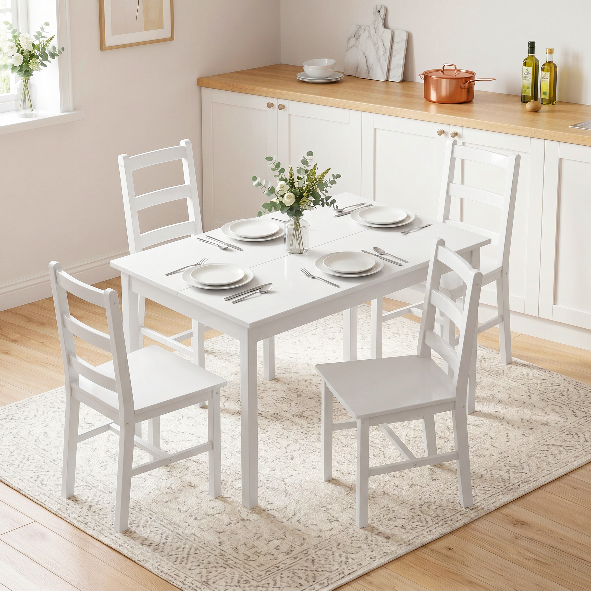 5-teiliges Esszimmer-Set für 4 Personen, rechteckiger Esstisch und Stühle aus massivem Holz, für kleine Räume, Weiß