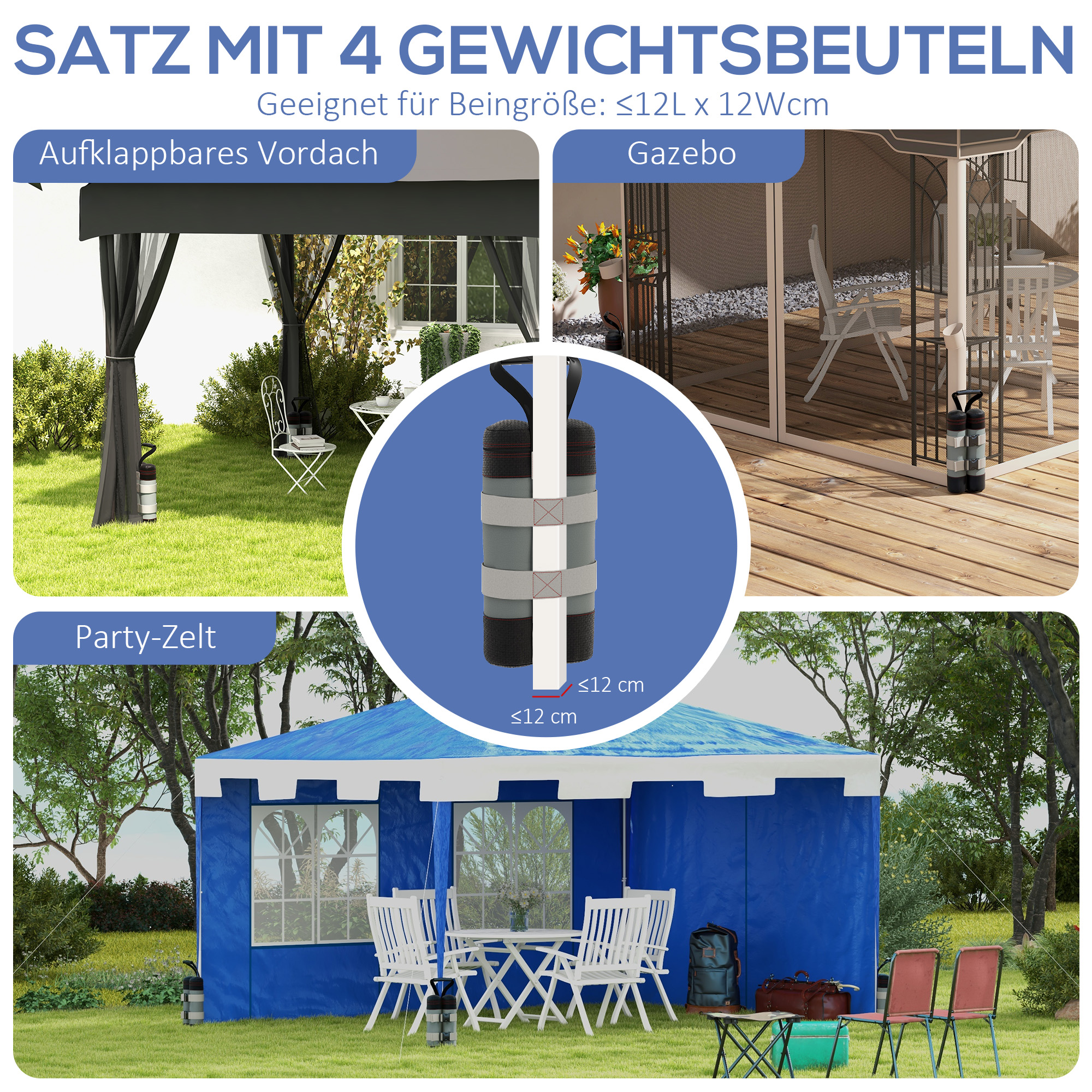 Sandsäcke für Pavillons, 4er-Set, 48 kg, ohne Sand, mit Fixierriemen, wetterfest, Schwarz