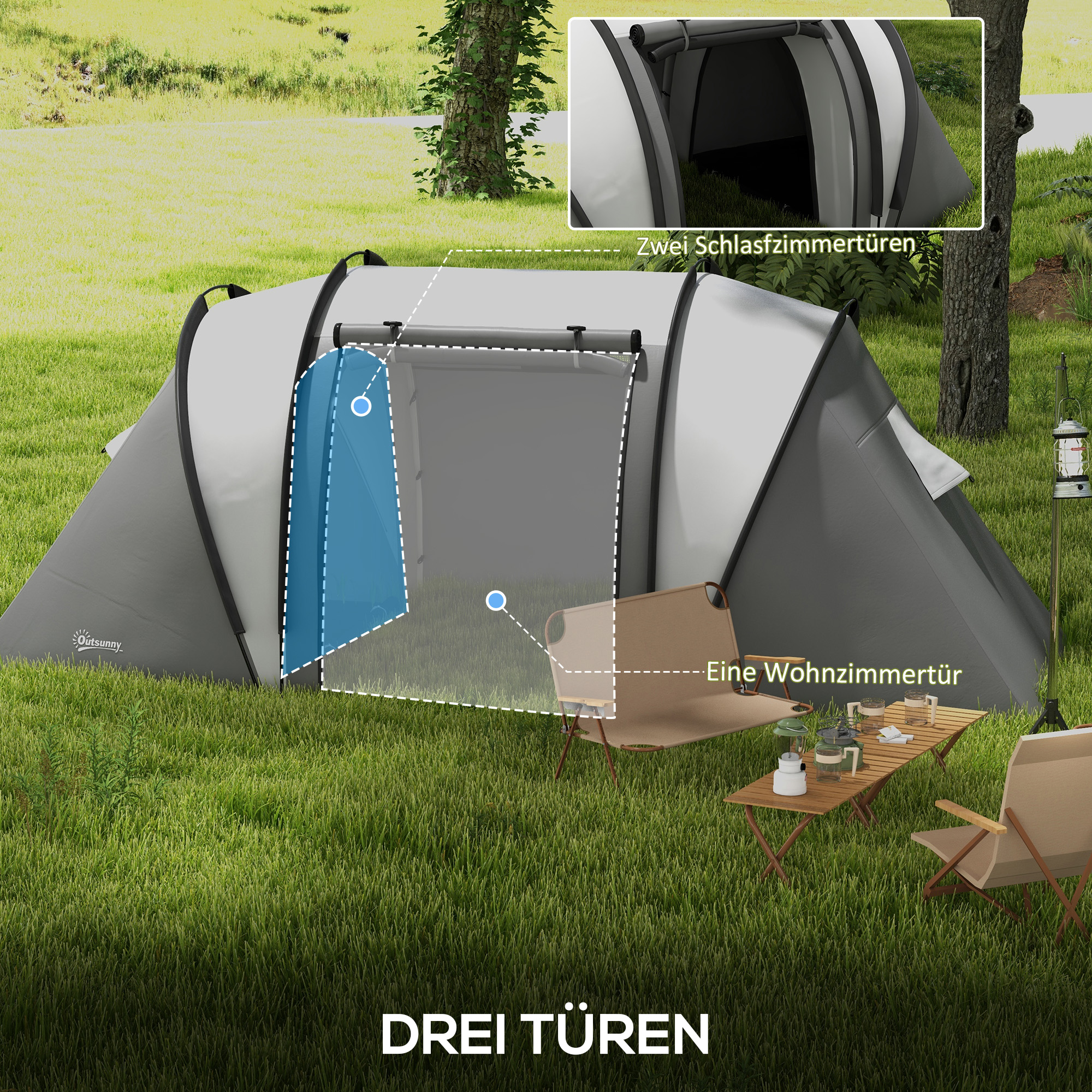 Campingzelt für 4-5 Personen leicht wasserabweisend Familienzelt mit 3 Zimmer Seitentür Fenster Grau