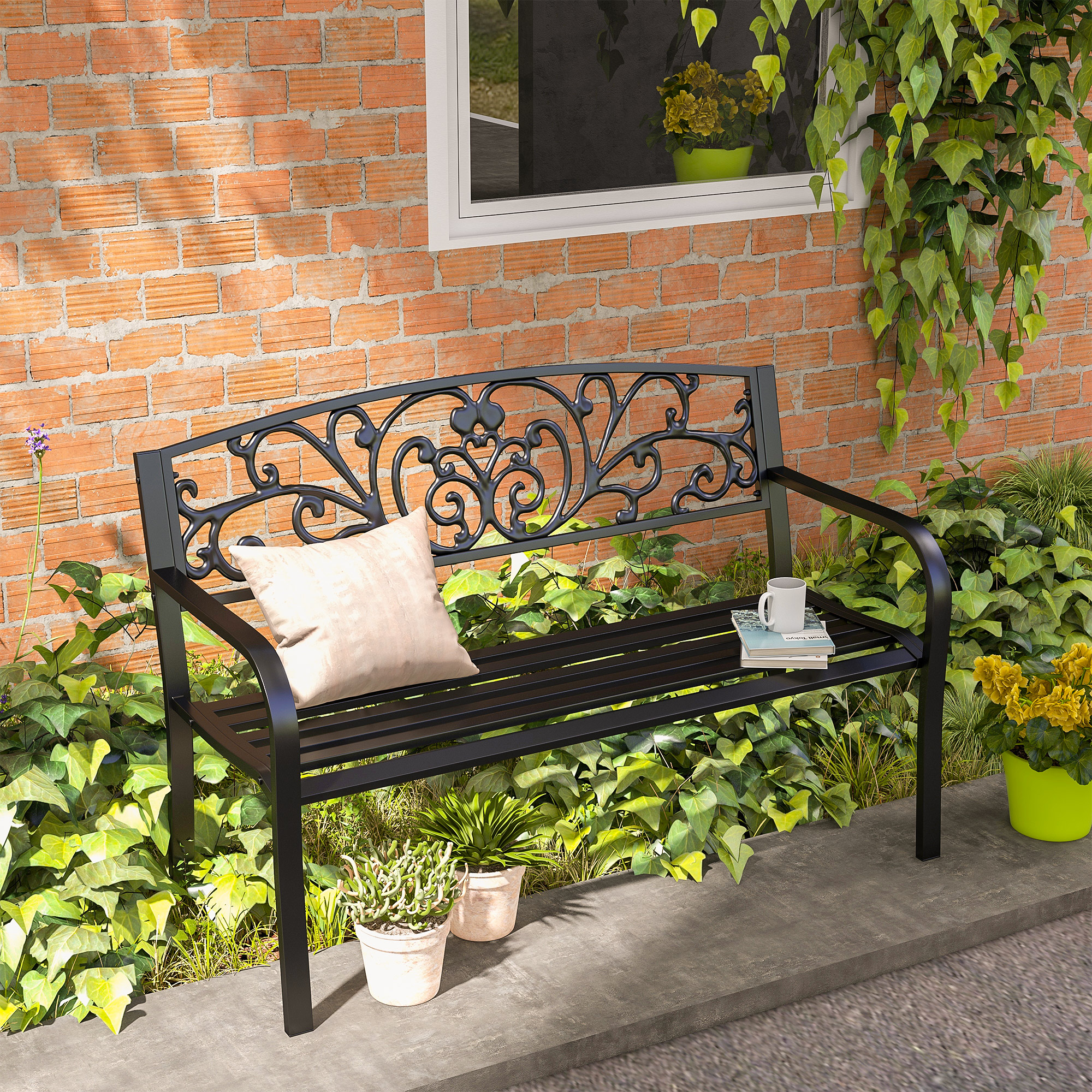 Metallgartenbank, Blumendesign, 2-Sitzer, 240 kg Tragkraft, Stahl, 127L x 60B x 87H cm, Schwarz