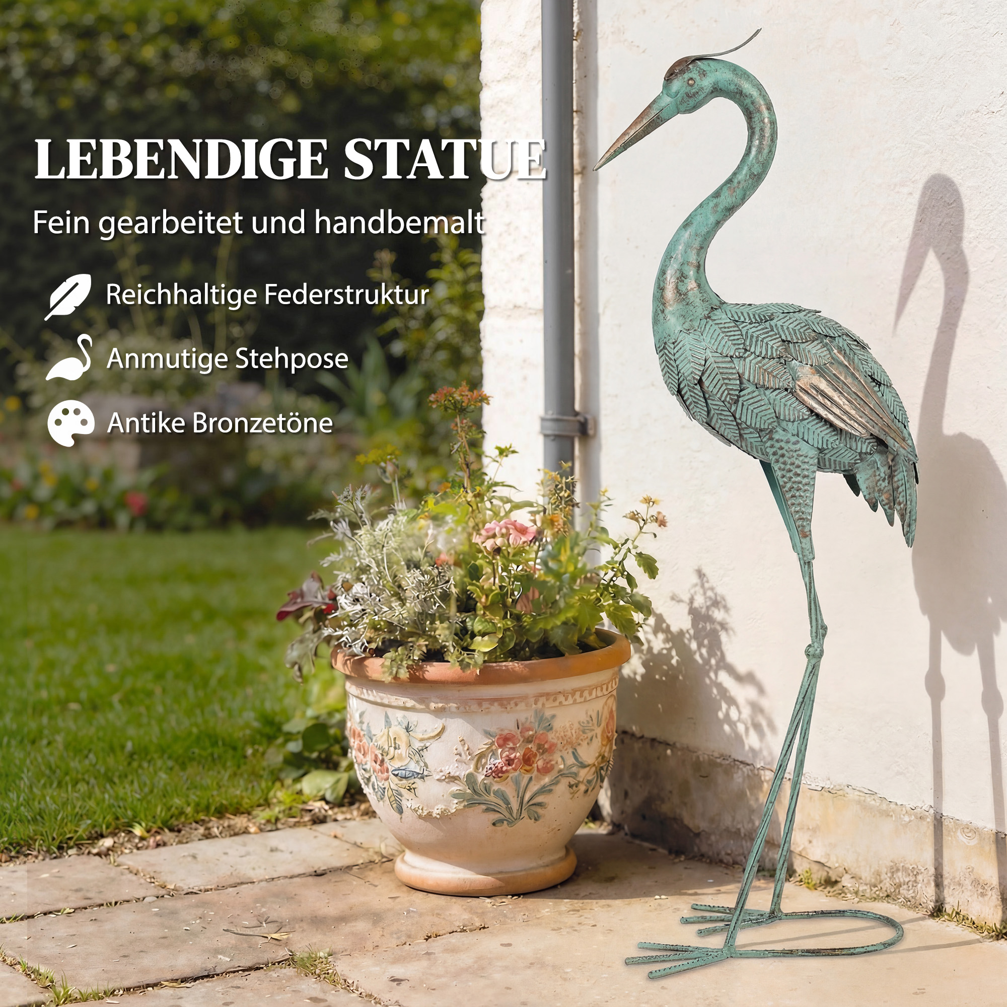 Reiher-Gartenstatue Metall-Vogel Outdoor-Statue 88 cm stehende Skulptur mit Bodenankern Grün und Bronze